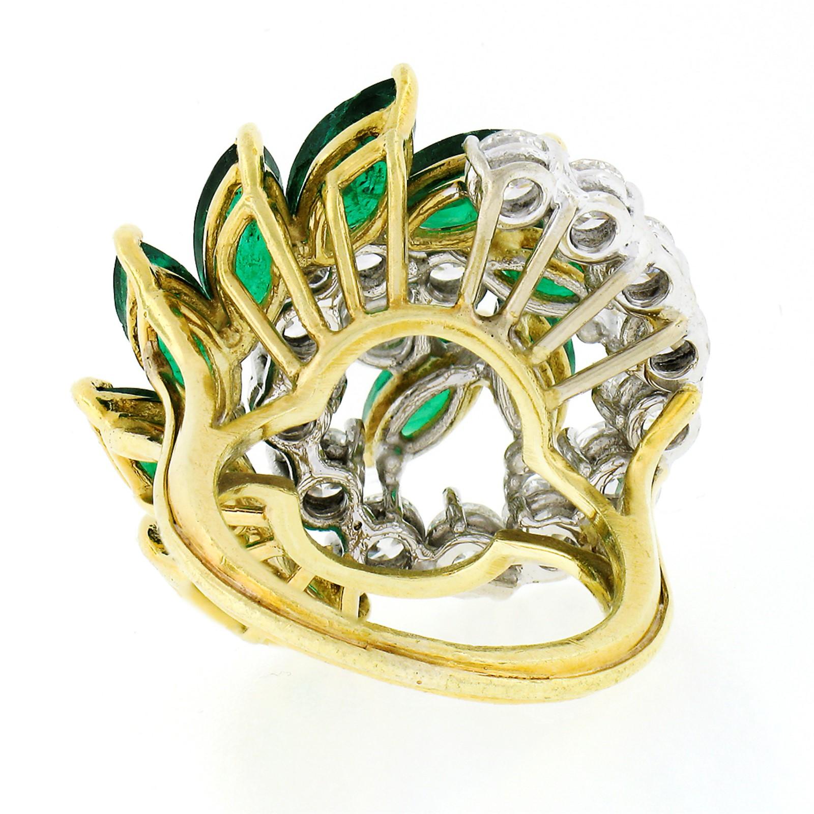 Vintage Top Quality 18k Gold 5.20ctw Round Diamond & Marquise Emerald Swirl Ring 4