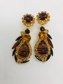 Vintage Topaz Austrian Crystal and Czech "Tortoise" Pendant Drop Earrings