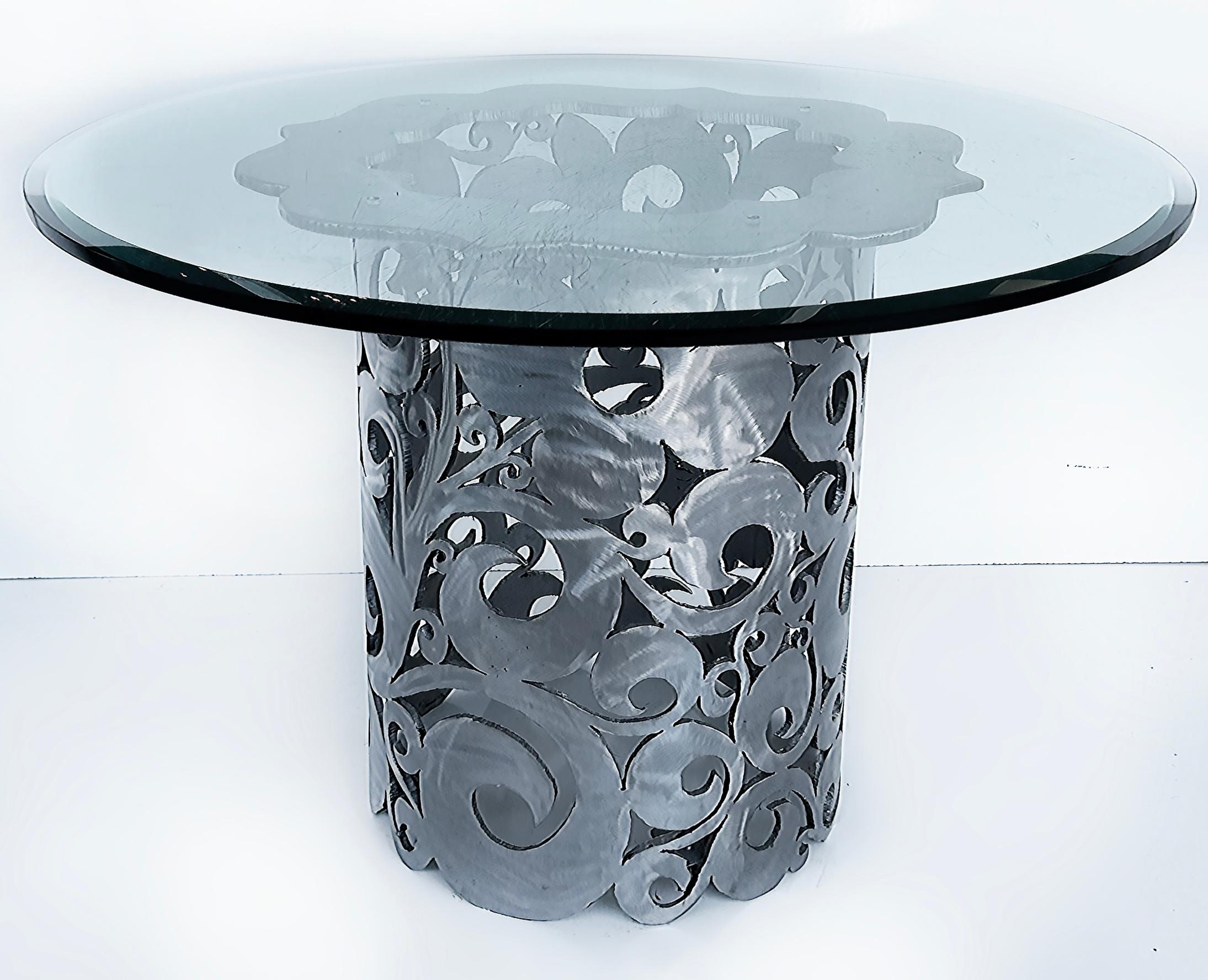 Beveled Vintage Torch Cut Brutalist Steel Table, Scrolling Floral Design, Artist signed  For Sale
