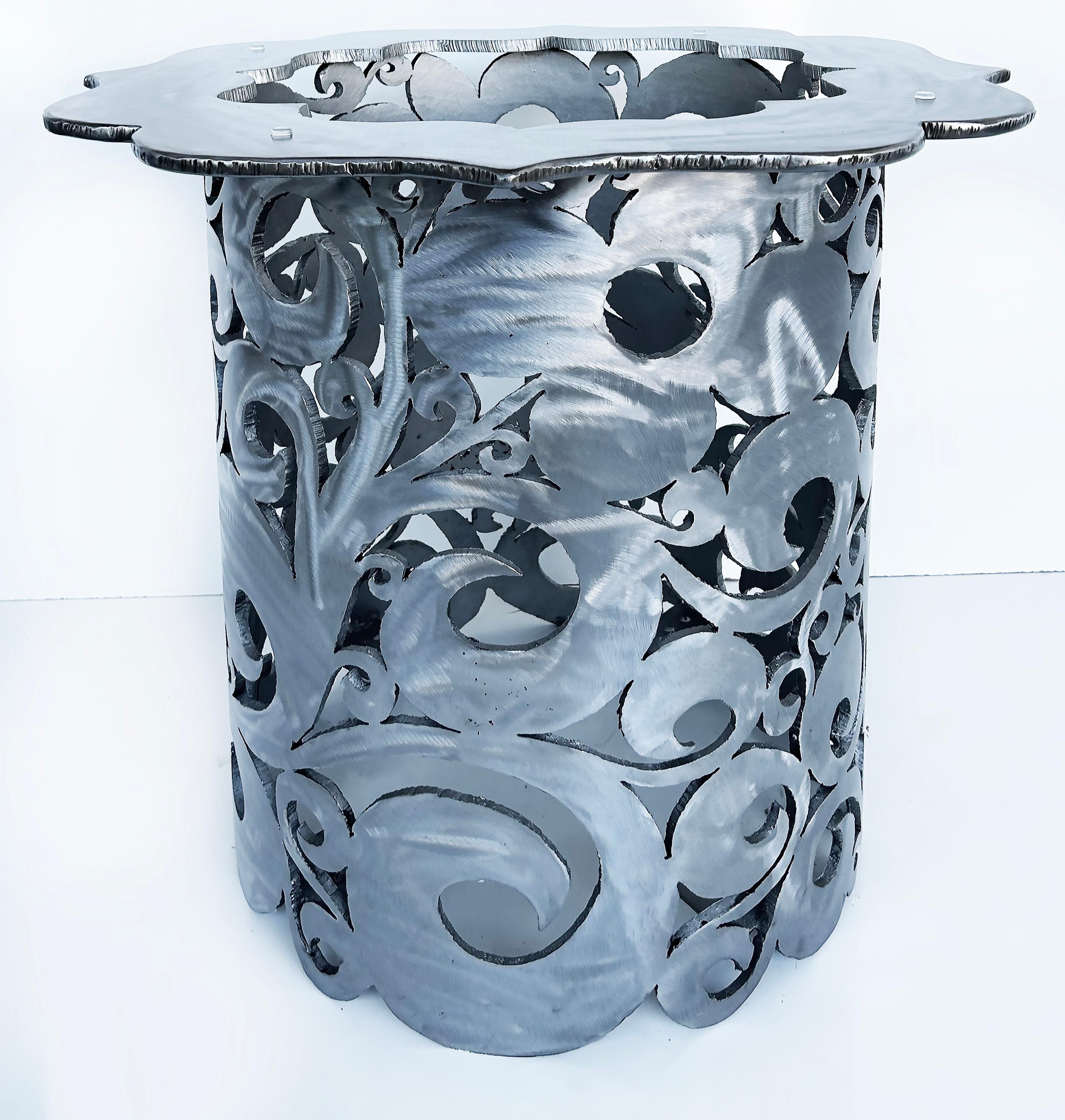 Vintage Torch Cut Brutalist Steel Table, Scrolling Floral Design, Artist signed  In Good Condition For Sale In Miami, FL
