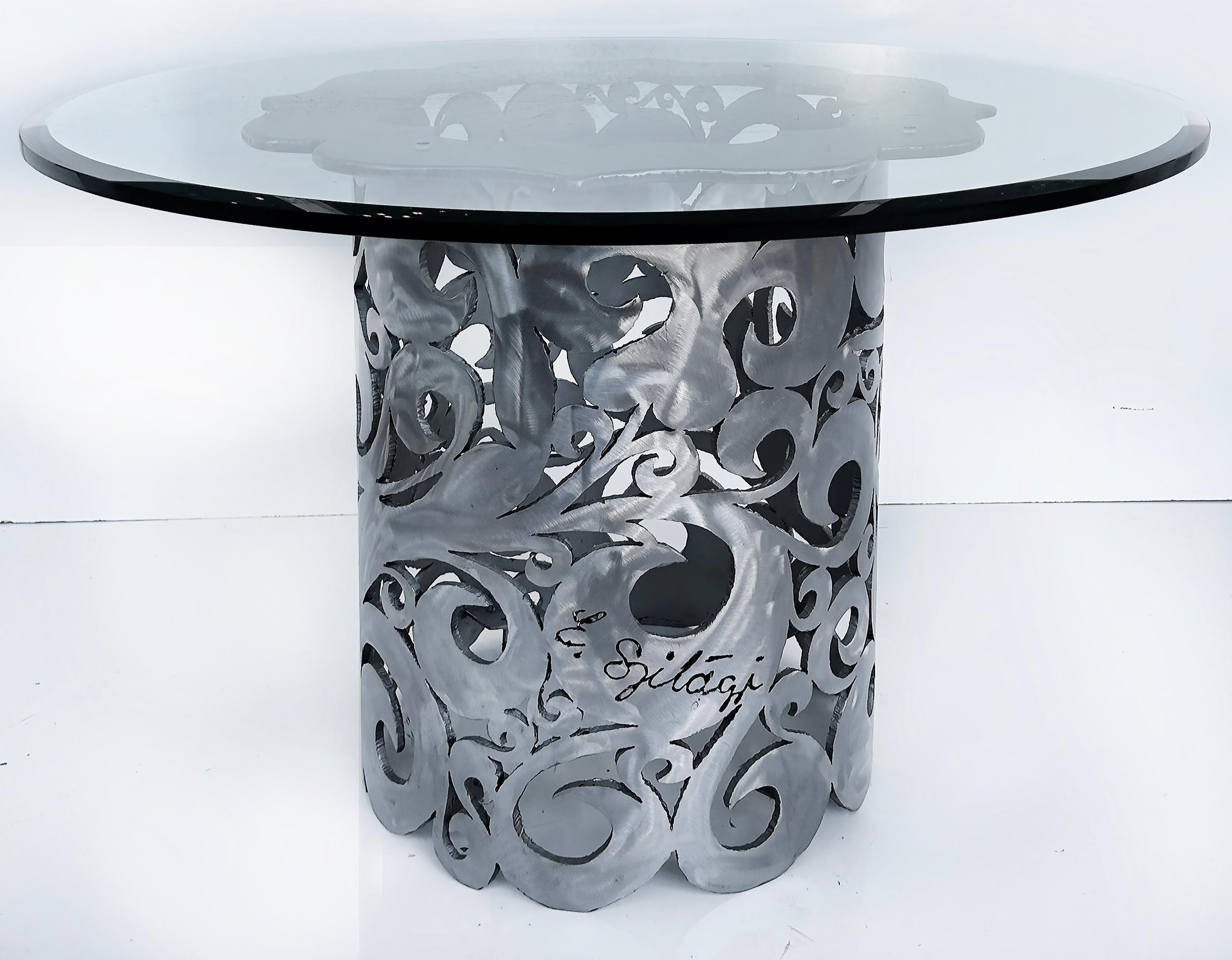 Vintage Torch Cut Brutalist Steel Table, Scrolling Floral Design, Artist signed  For Sale 2
