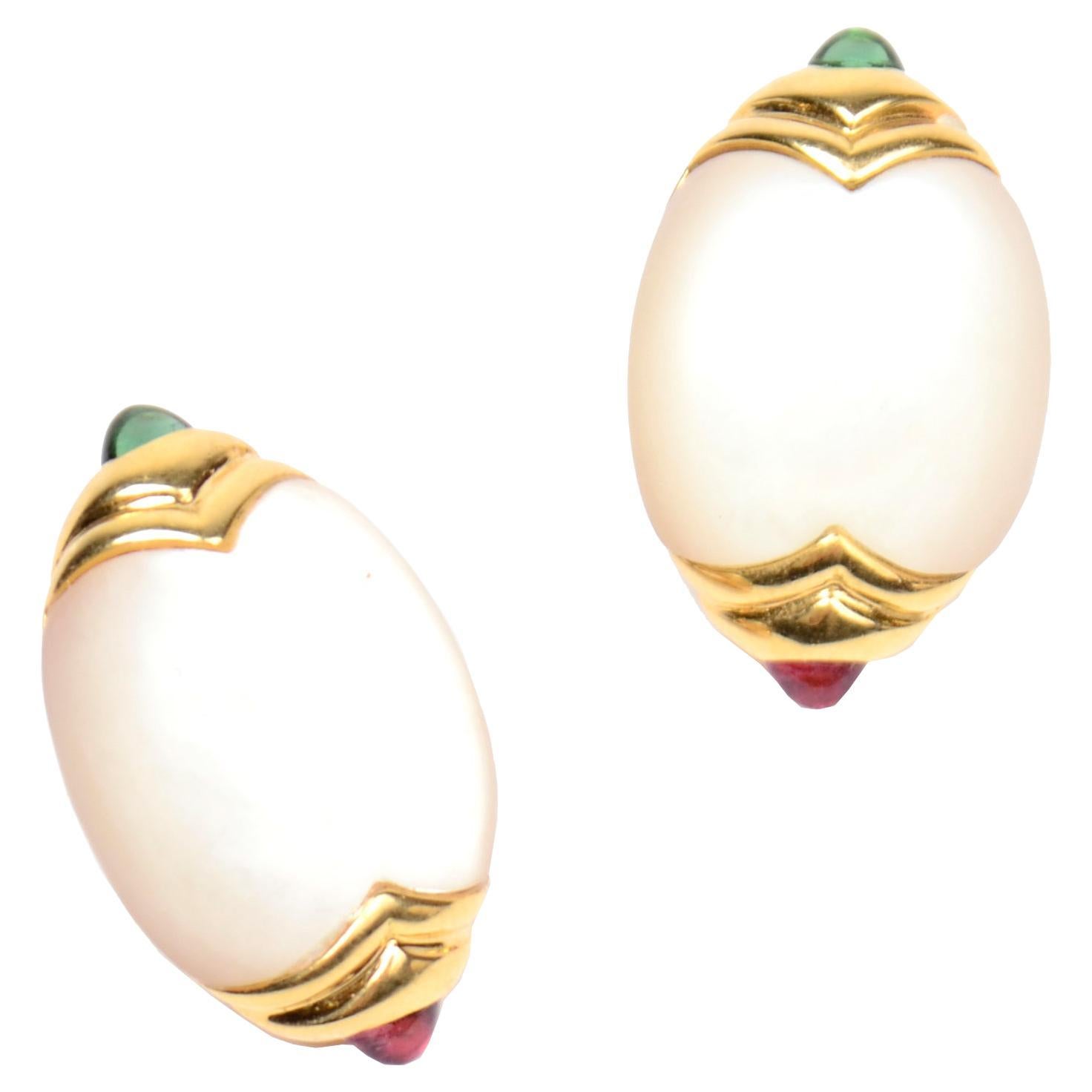 Vintage Torres 18k Gold 750 Mother of Pearl & Gemstone Earrings