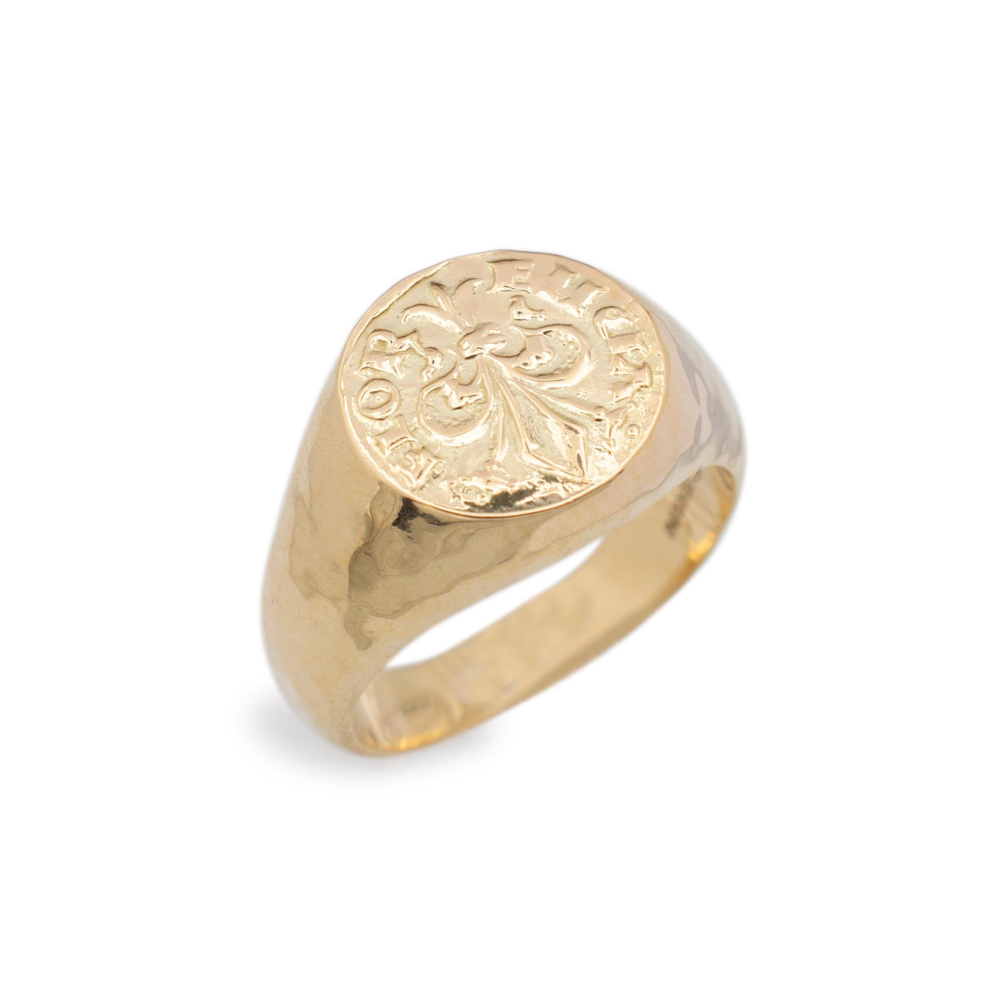 Brand: Torrini

Gender: Unisex

Metal Type: 14K Yellow Gold

Size: 7

Shank Maximum Width: 12.40 mm tapering to 3.45 mm

Weight: 6.91 grams

Unisex 14K yellow gold vintage signet cocktail ring with a tapered comfort-fit shank. The metal was tested