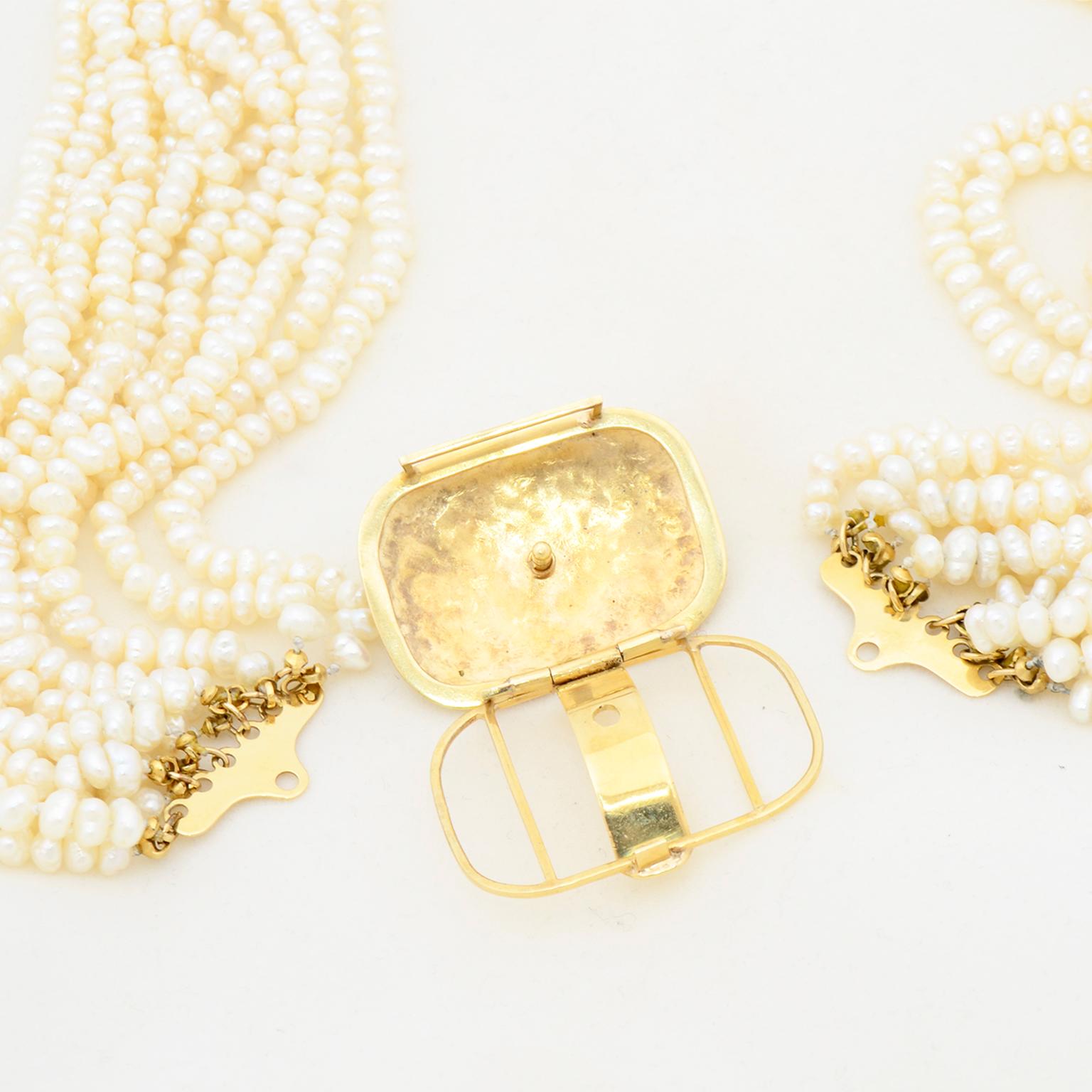 Vintage Torsade Style 12 Multi Strand Pearl 18k Gold Necklace For Sale 2