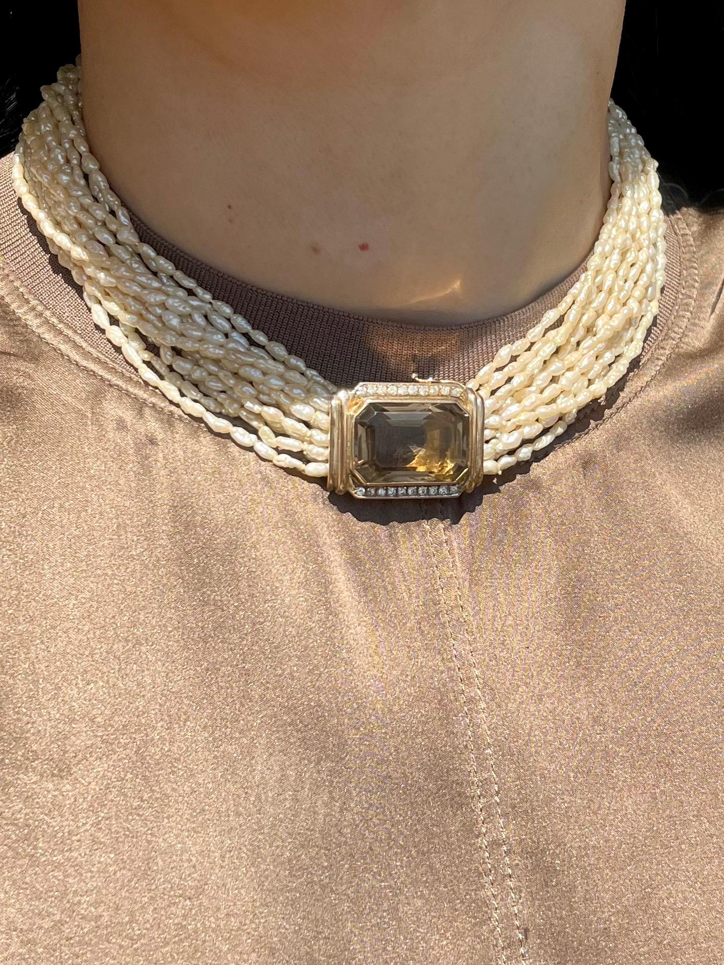 Vintage Torsade Style 15 Multi Strand Pearl 14k Gold Necklace For Sale 1