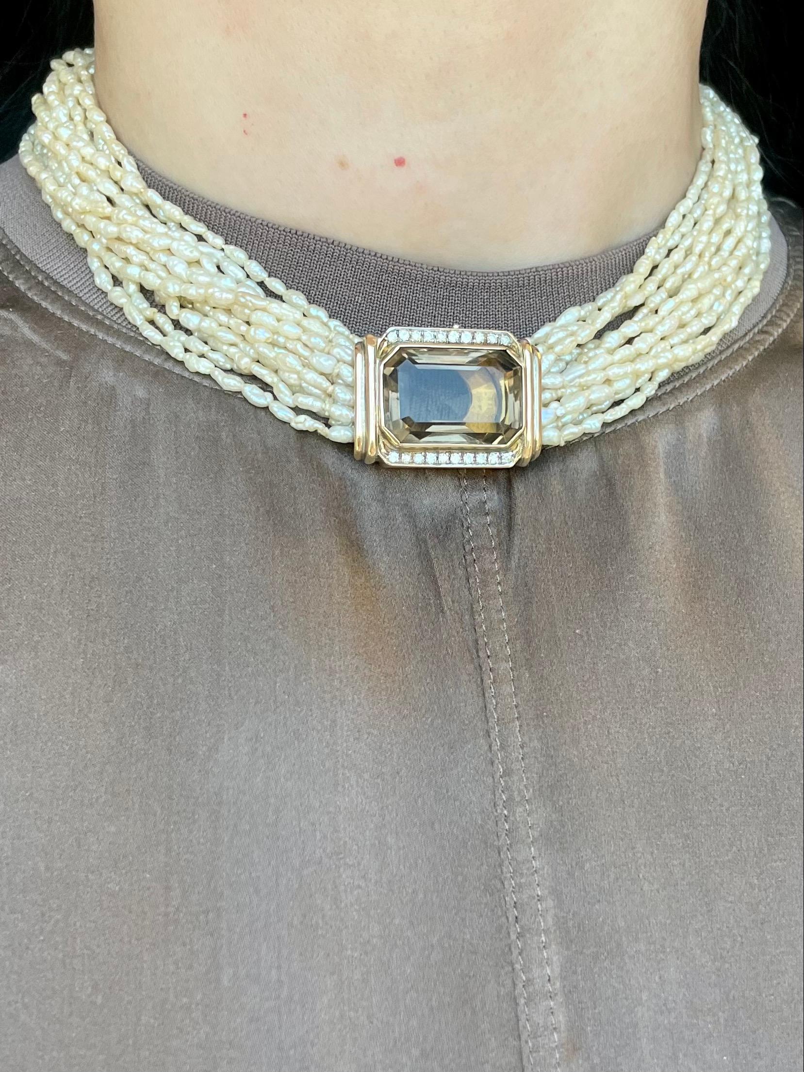 Vintage Torsade Style 15 Multi Strand Pearl 14k Gold Necklace For Sale 2