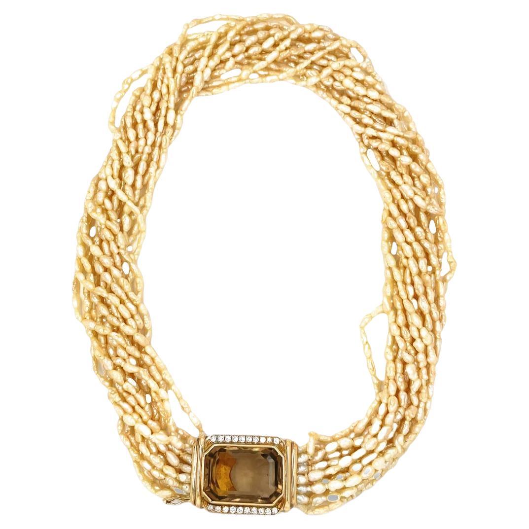 Vintage Torsade Style 15 Multi Strand Pearl 14k Gold Necklace For Sale