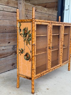 Vintage Tortoise Bamboo Sideboard Cabinet With Decoupaged Appliqué Panels