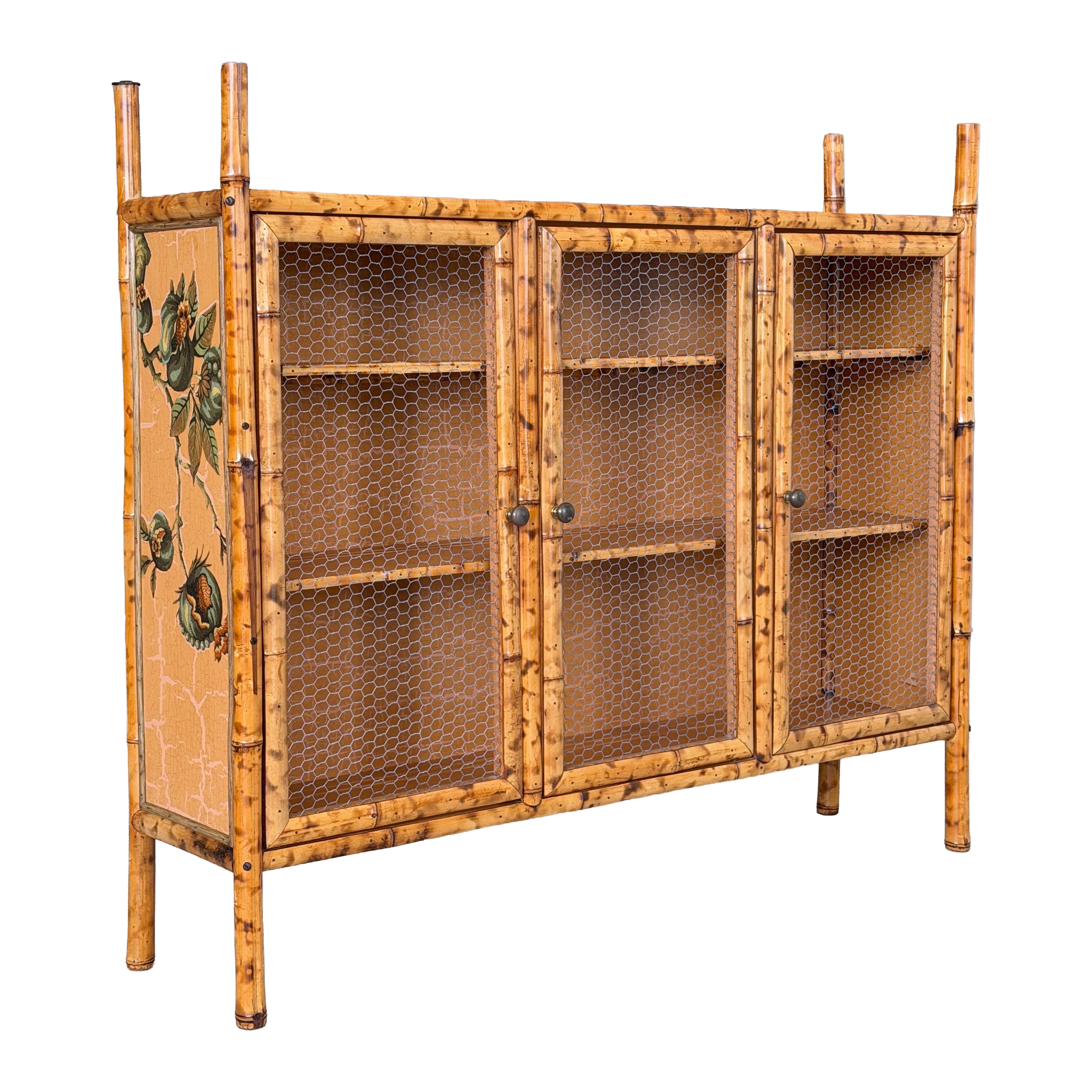 Vintage Tortoise Bamboo Sideboard Cabinet With Decoupaged Appliqué Panels