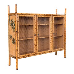 Vintage Tortoise Bamboo Sideboard Cabinet With Decoupaged Appliqué Panels