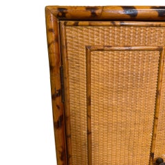 Vintage Tortoise or Scorched Bamboo Woven Rattan Two-Door Wall Cabinet, 1970s