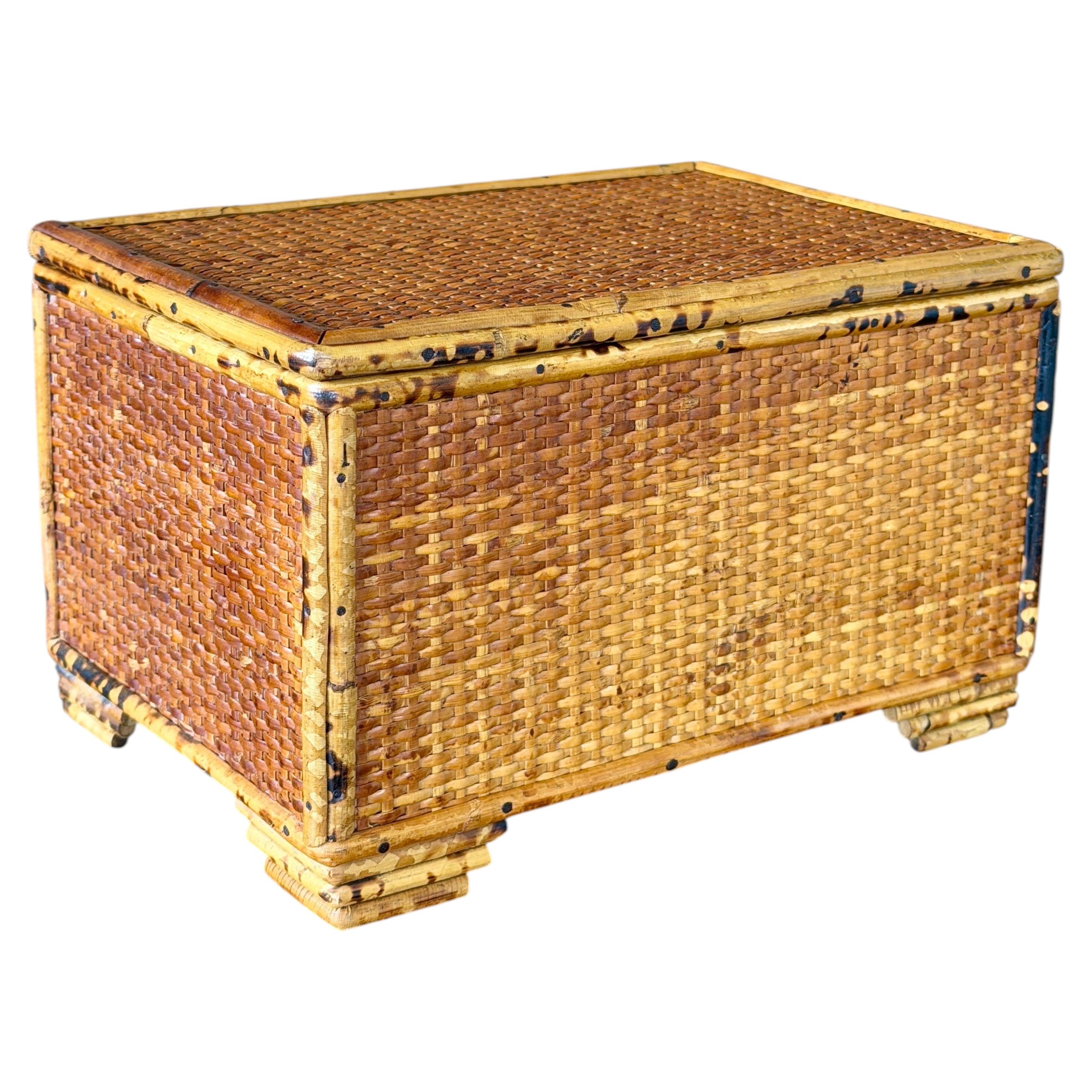 Boîte de rangement vintage à couvercle, en bambou et rotin tressé, couleur écaille de tortue