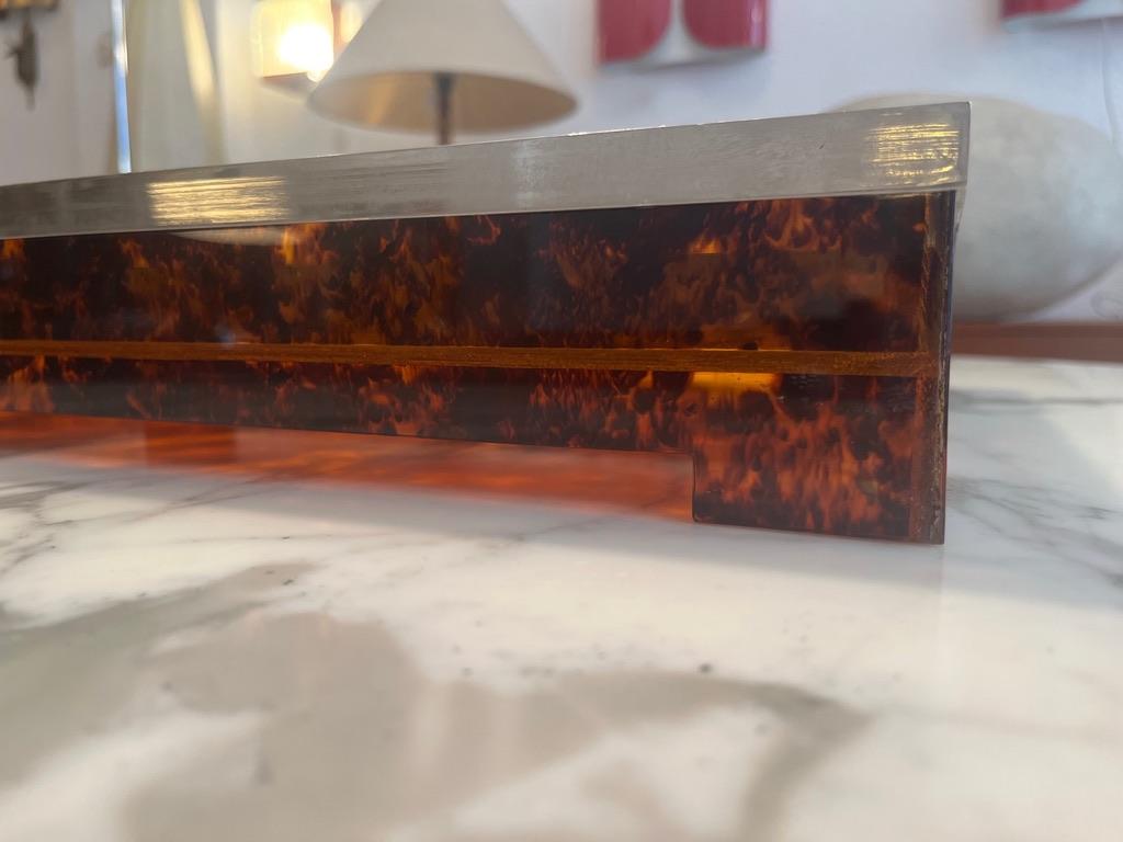 Late 20th Century Vintage Tortoiseshell Lucite & Chrome Serving Tray by Willy Rizzo, Italy ca.1970 For Sale