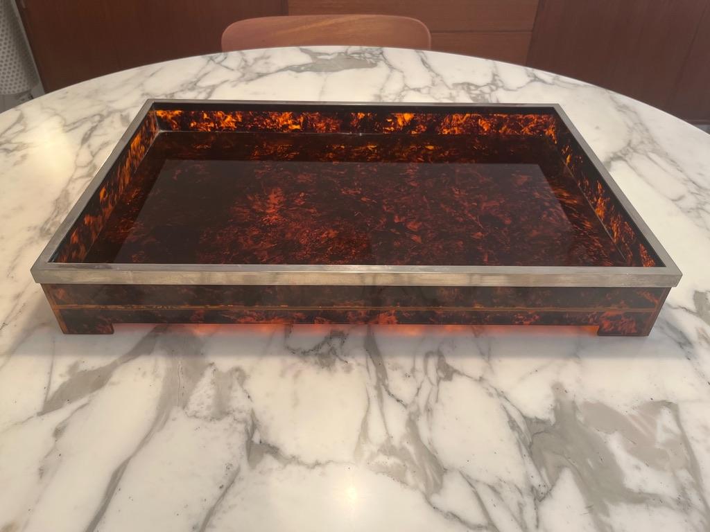Bandeja de servir vintage de carey, lucita y cromo de Willy Rizzo, Italia ca.1970 Caparazón de tortuga en venta