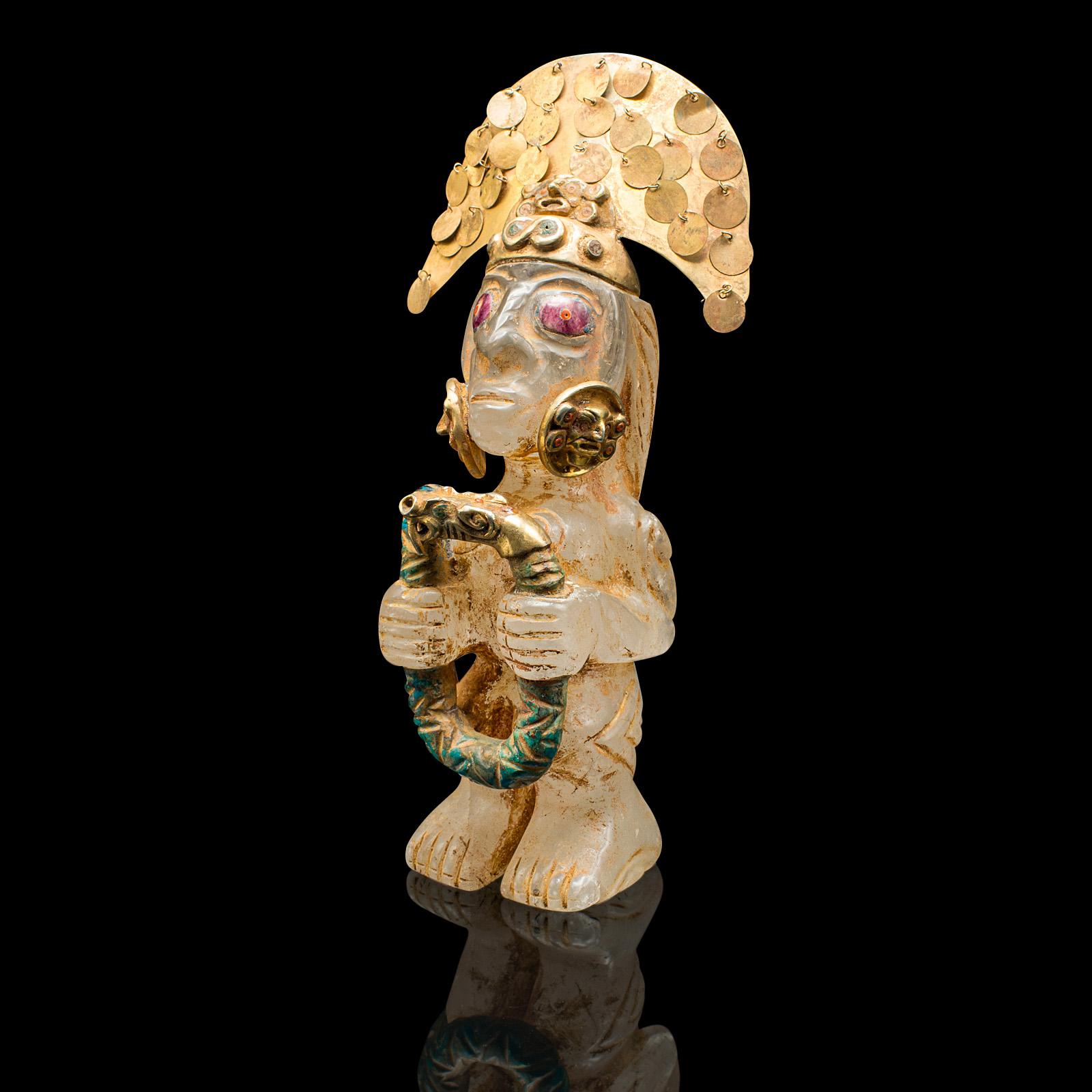 Mid-Century Modern Vintage Totemic Figure, South American, Carved Crystal, Gilt Metal, Tribal Art For Sale