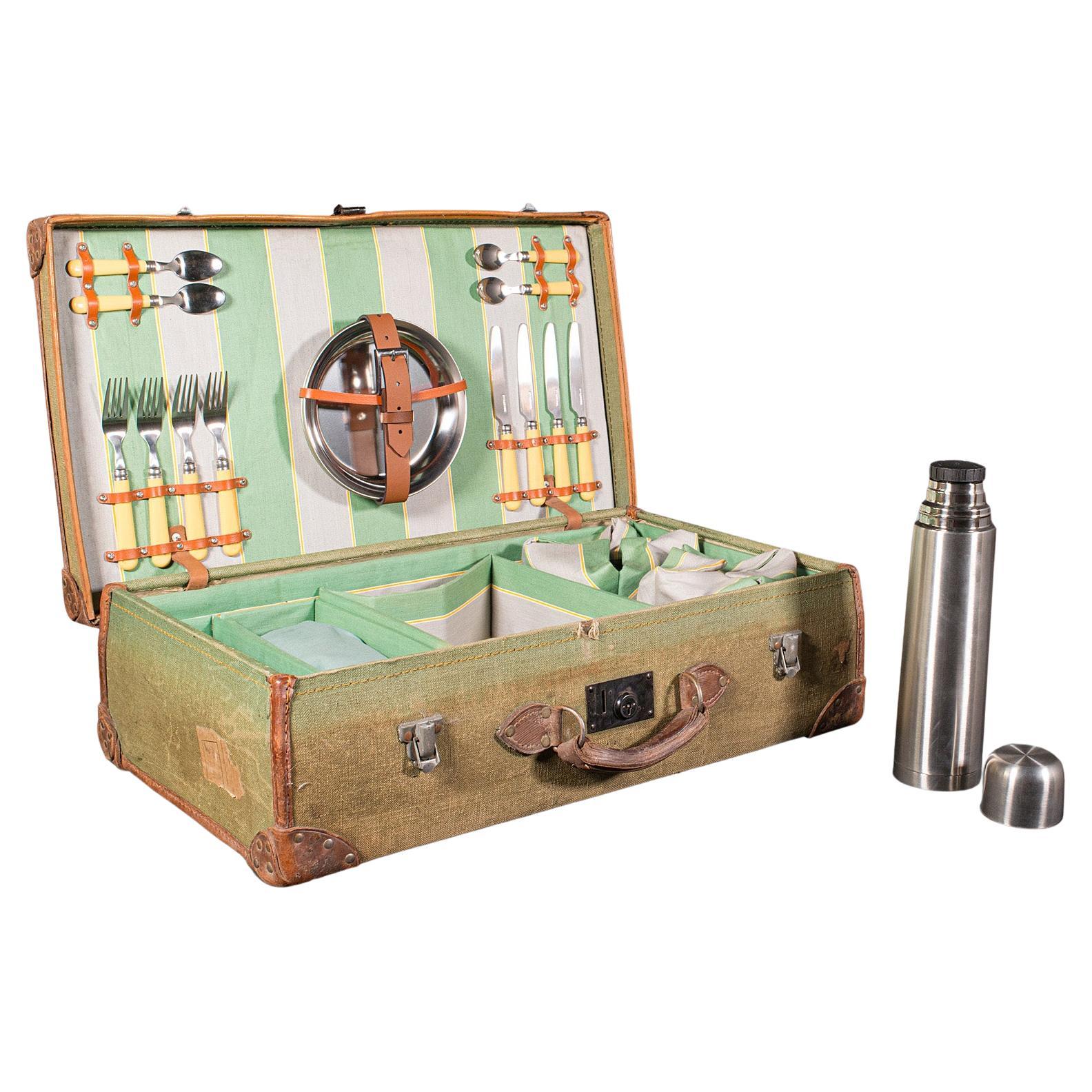 Vintage Touring Picnic Set, English, Canvas, Leather, Case, Mid Century, C.1950