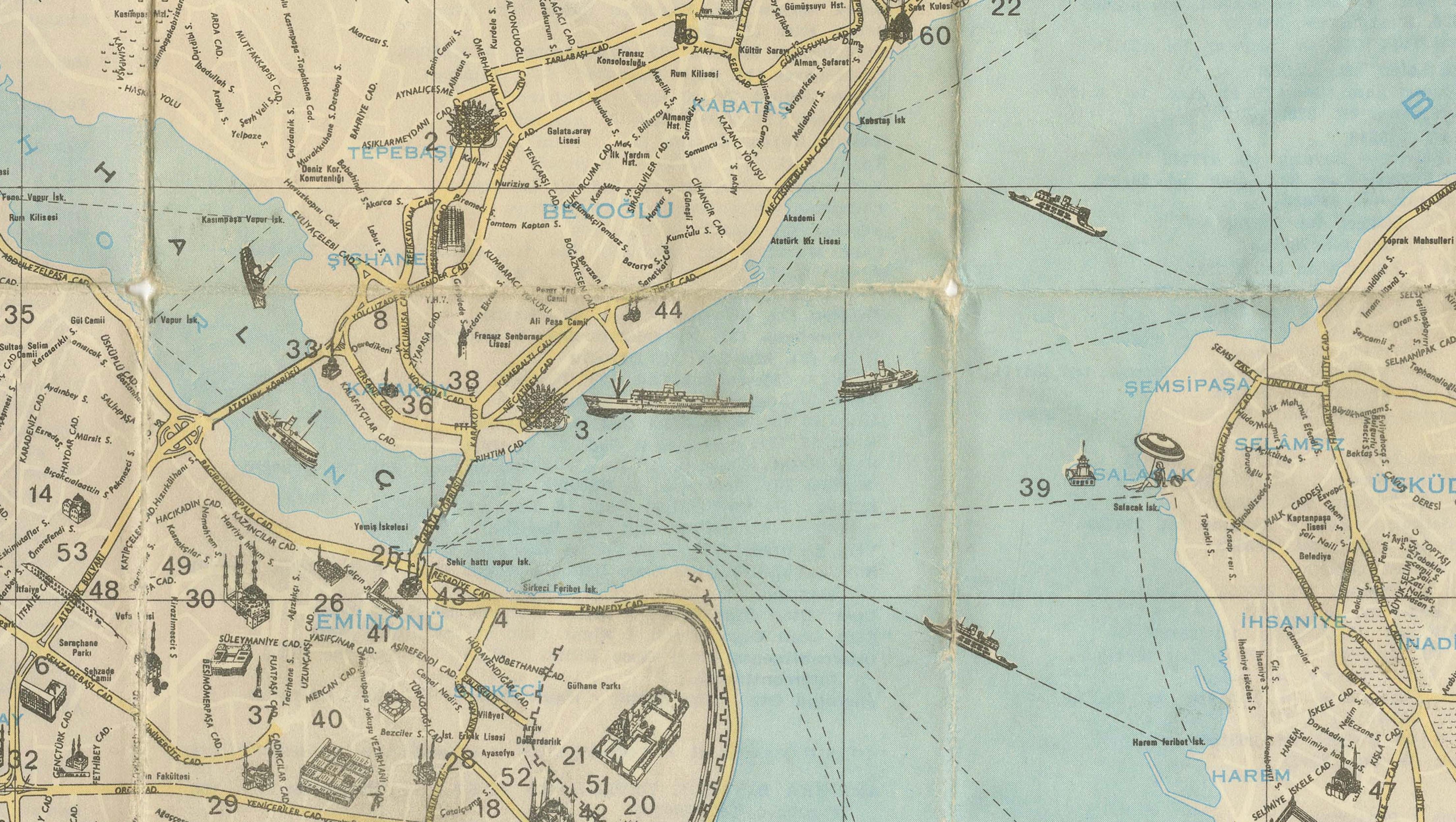 Vintage Tourist Map of Istanbul (Constantinople), Bosphorus & Marmara Sea, c1950