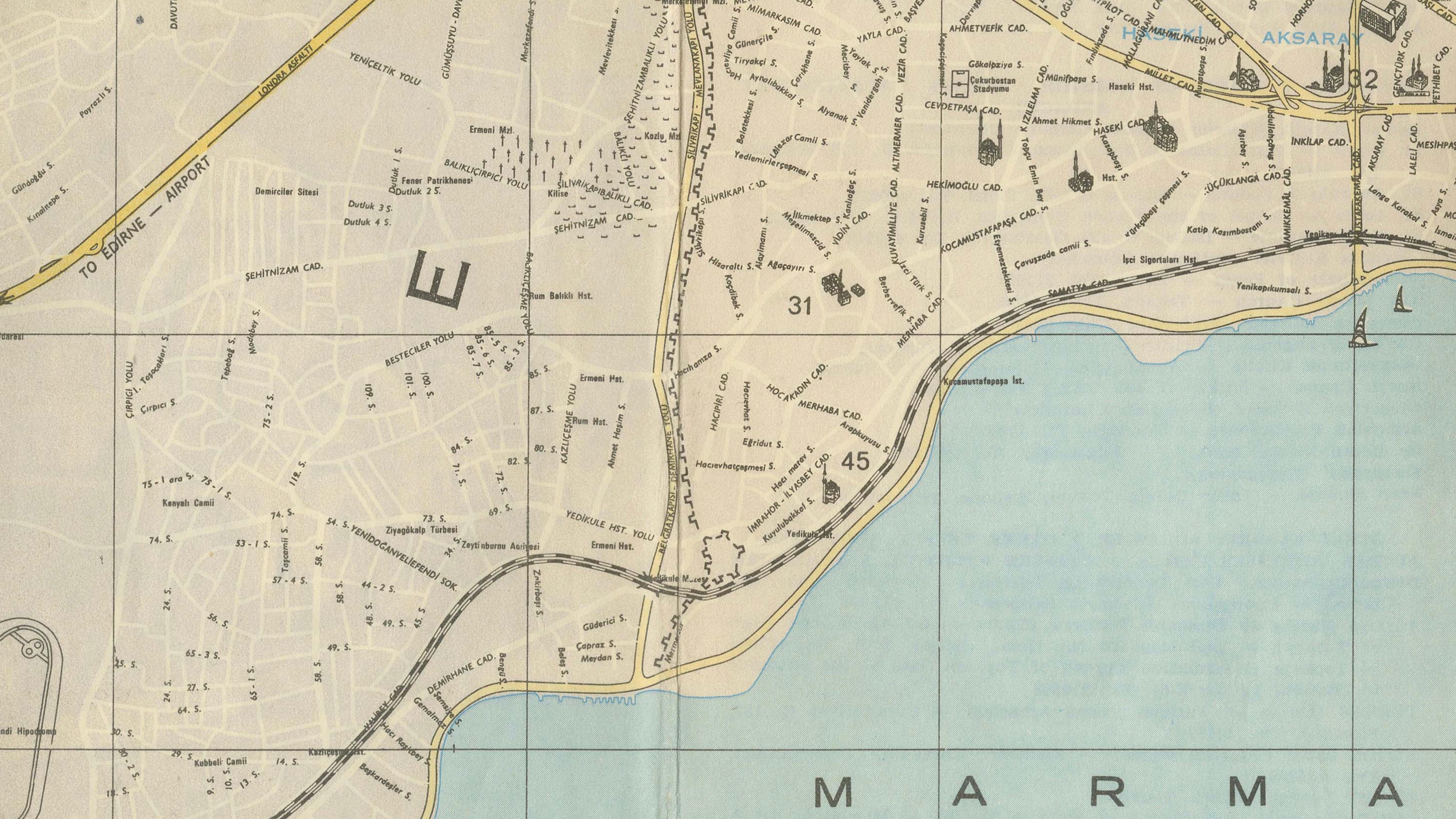 Vintage Tourist Map of Istanbul (Constantinople), Bosphorus & Marmara Sea, c1950