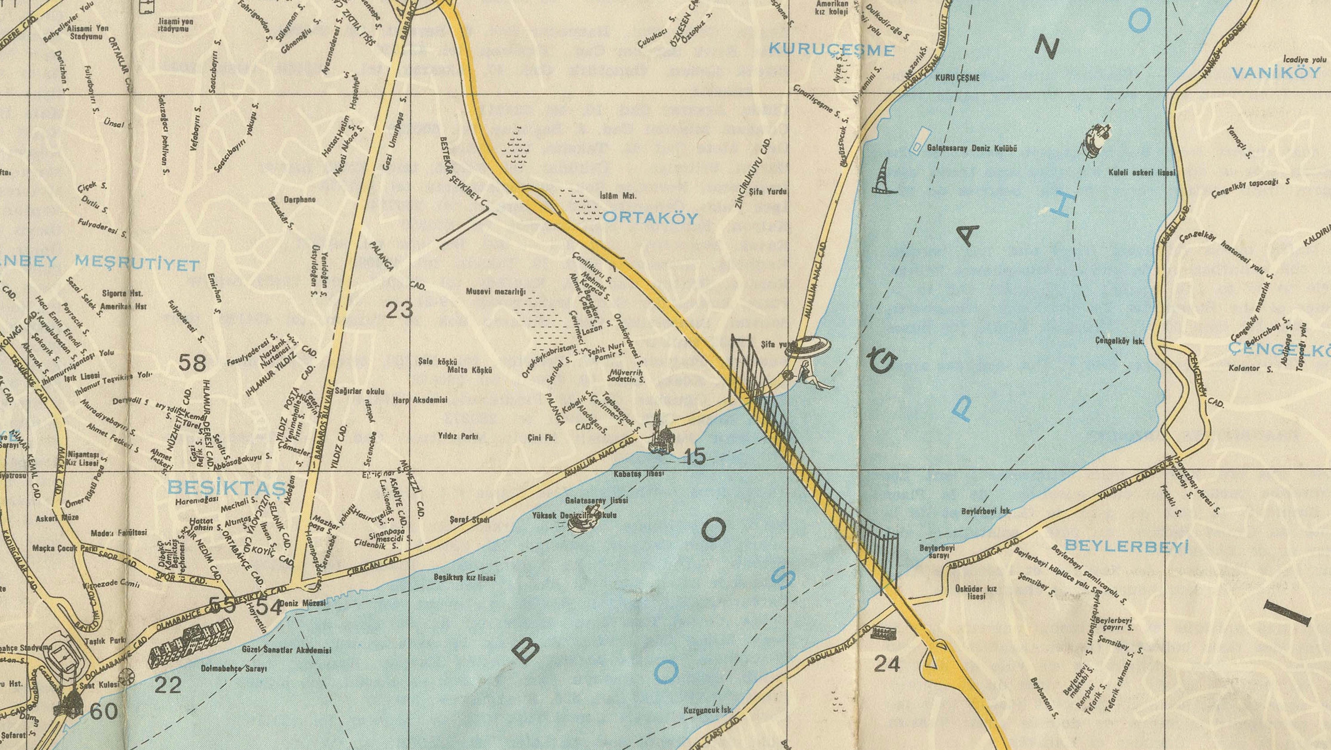 Vintage Tourist Map of Istanbul (Constantinople), Bosphorus & Marmara Sea, c1950