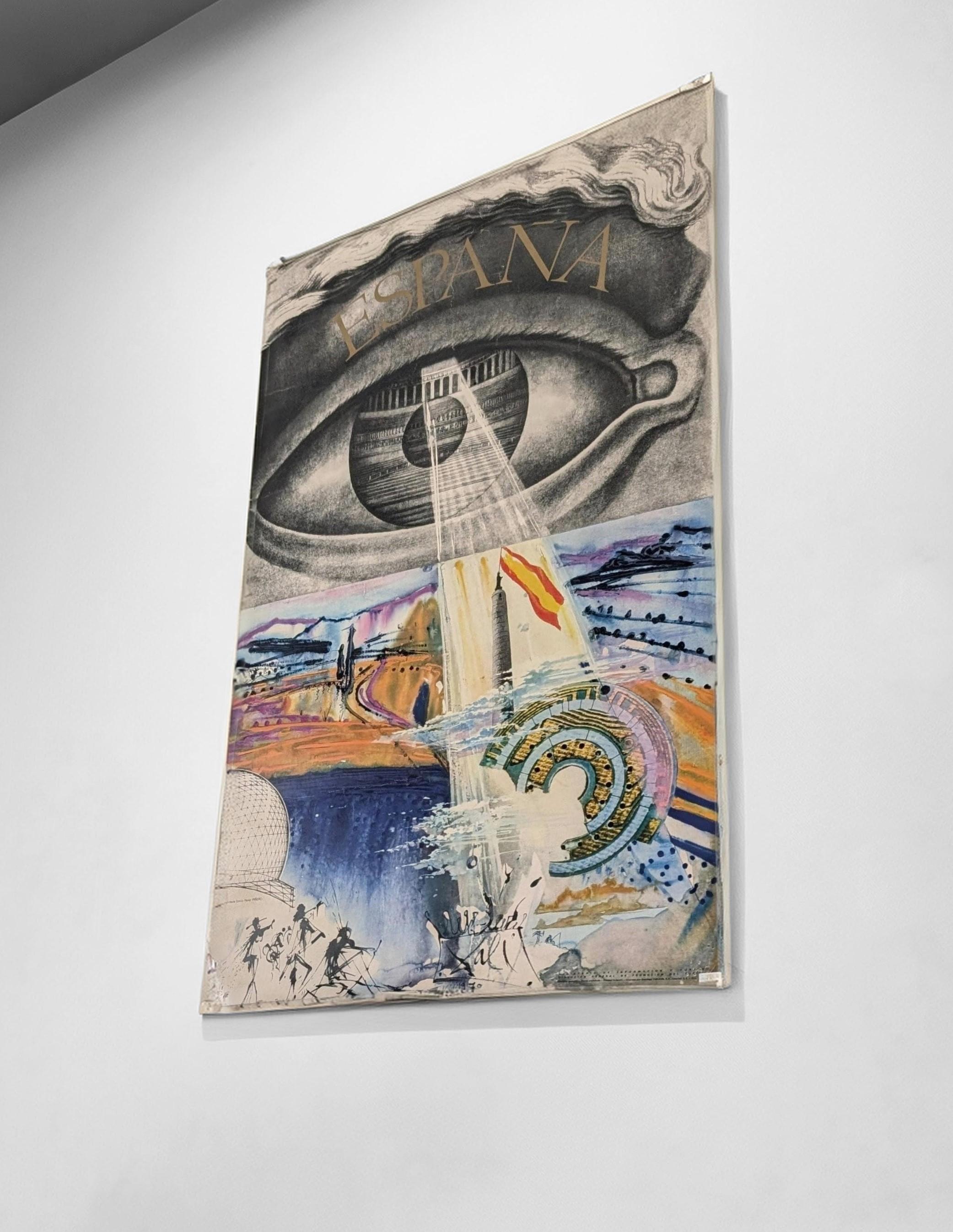 Exceptional 1970s travel poster designed by Salvador Dalí, an iconic representation of the Catalan master's surrealist style. This artwork blends dreamlike elements, vibrant colors, and emblematic symbols that capture the essence of Spain through