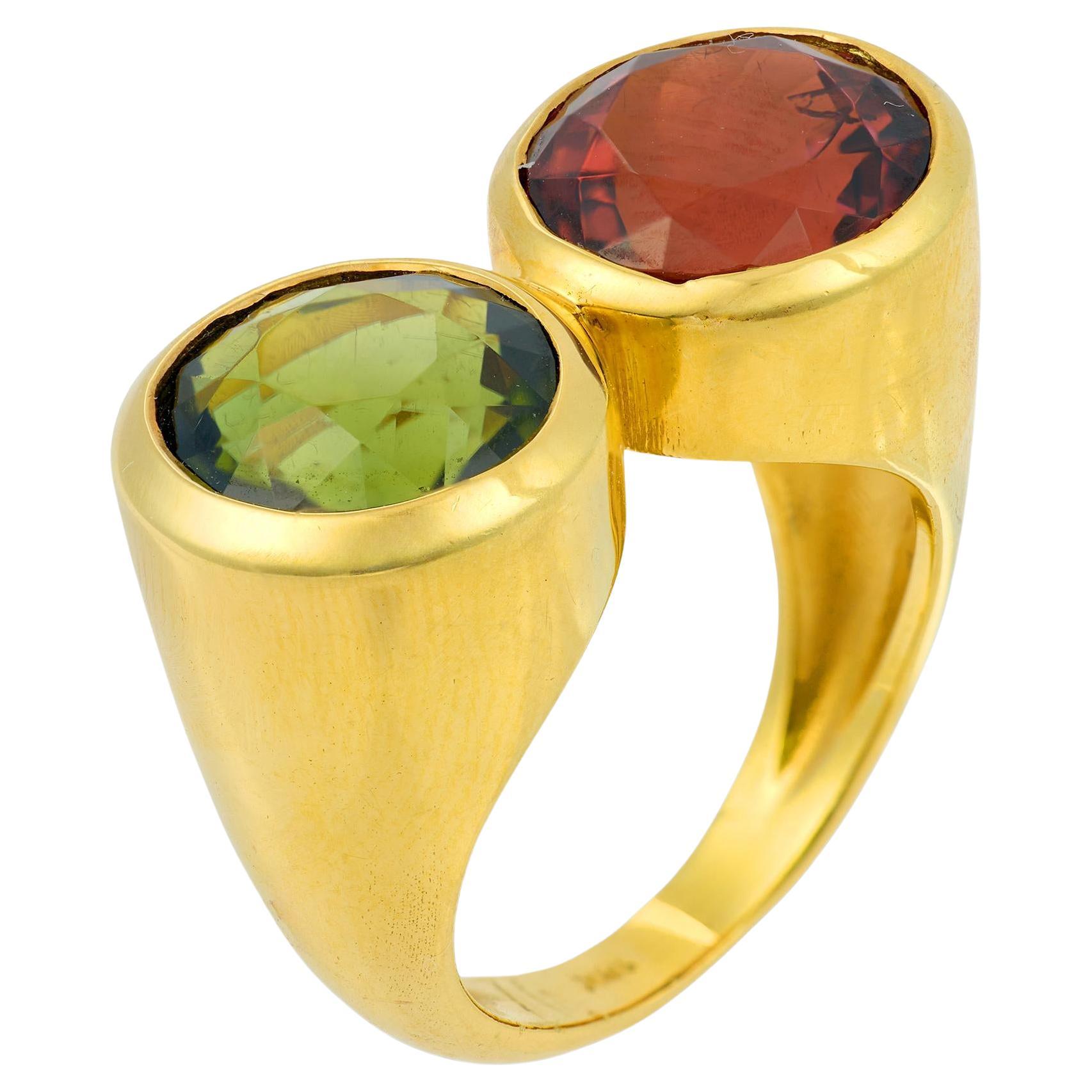 Vintage tourmaline 18k gold two stone cocktail ring