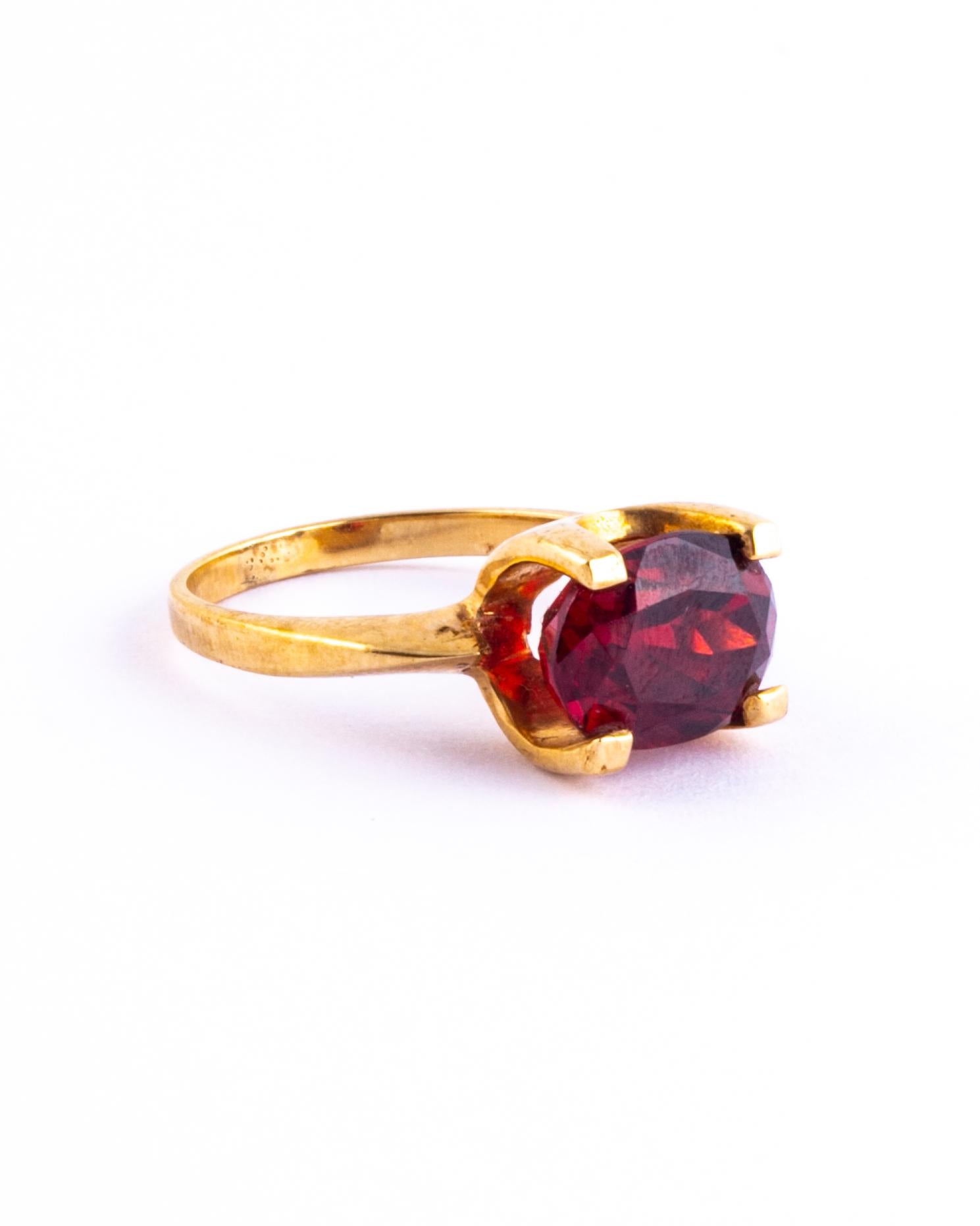 The deep red tourmaline is gorgeous and set simply up high in this 9 carat gold. The stone catches the light beautifully and has sparkles of a brighter red. 

Ring Size: L or 5 3/4
Height Off Finger: 7mm
Stone Dimensions: 10x8mm

Weight: 3.95g