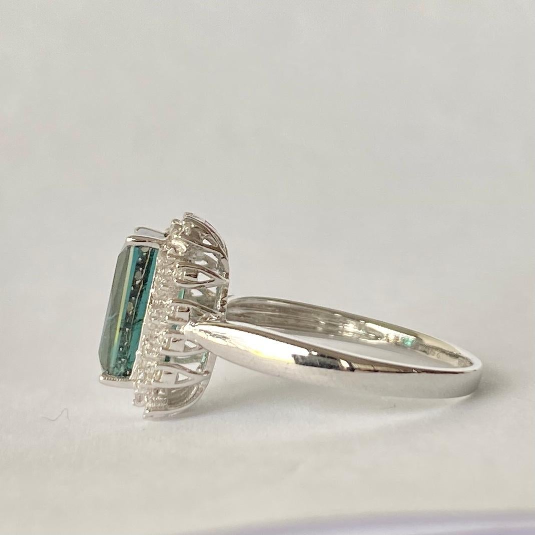 Modern Vintage Tourmaline and Diamond 14 Carat White Gold Ring For Sale