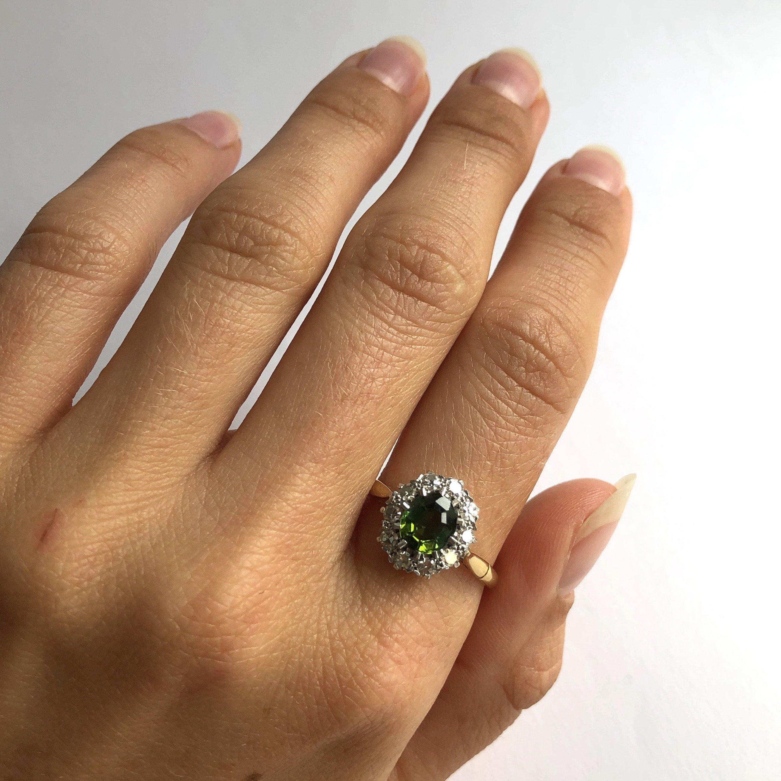Vintage Tourmaline and Diamond 18 Carat Gold Cluster Ring In Excellent Condition In Chipping Campden, GB