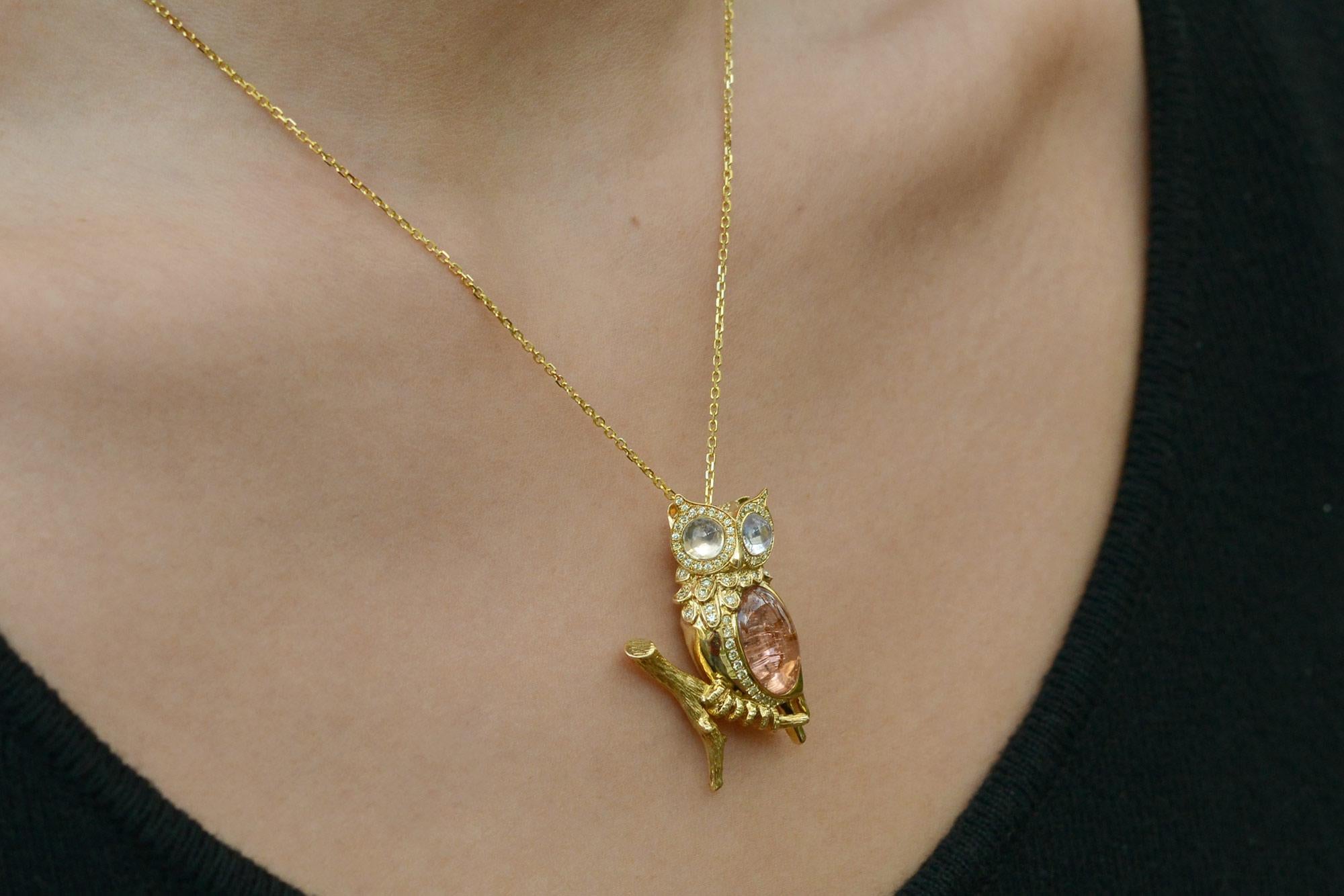 Neoclassical Vintage Tourmaline and Moonstone Owl Necklace
