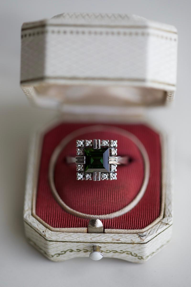 Women's or Men's Vintage Tourmaline Diamond 14k White Gold Ring For Sale