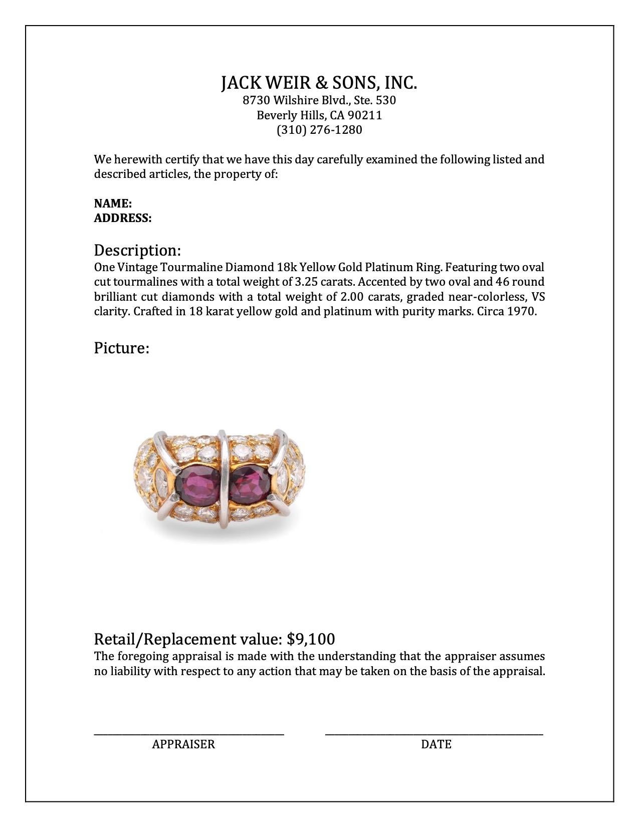 Women's or Men's Vintage Tourmaline Diamond 18k Yellow Gold Platinum Ring For Sale