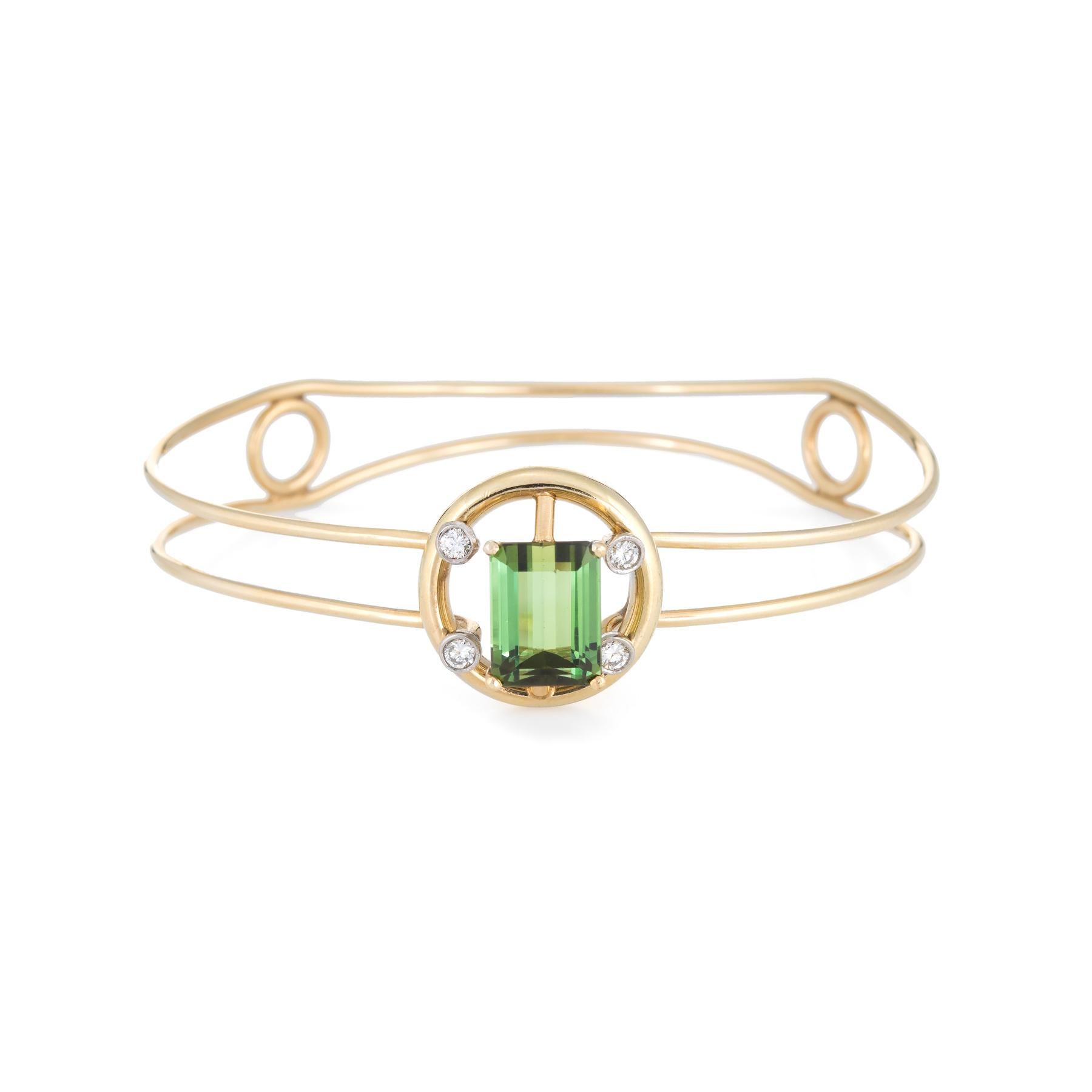 Emerald Cut Vintage Tourmaline Diamond Bangle Bracelet 14 Karat Yellow Gold Estate Jewelry