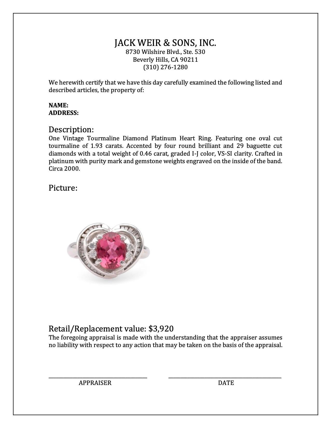 Women's or Men's Vintage Tourmaline Diamond Platinum Heart Ring For Sale