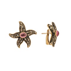 Vintage Tourmaline Diamonds Enamelled 18 Carat Yellow Gold Starfish Earrings