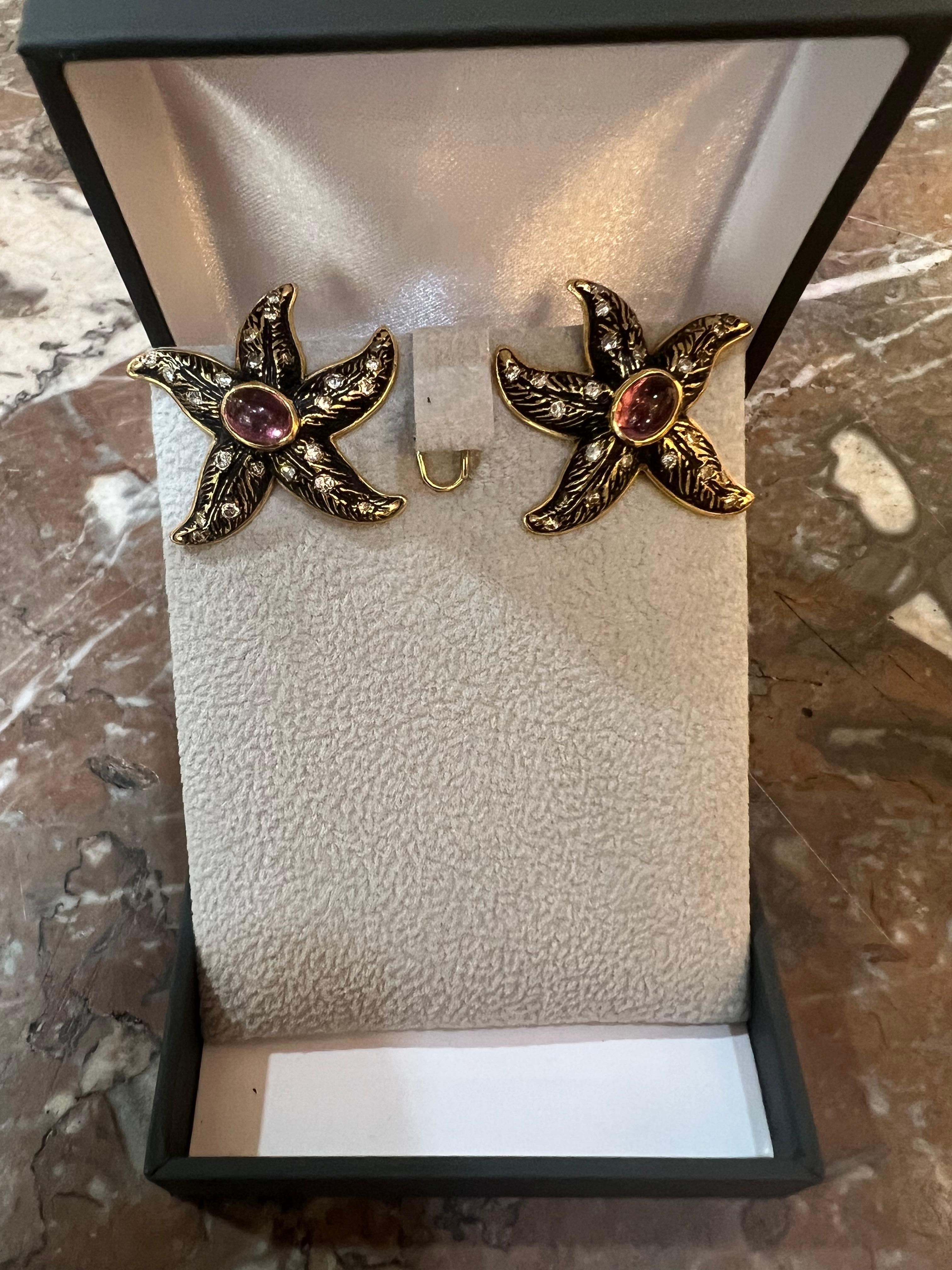 Modern Vintage Tourmaline Diamonds Enamelled 18 Carat Yellow Gold Starfish Earrings For Sale