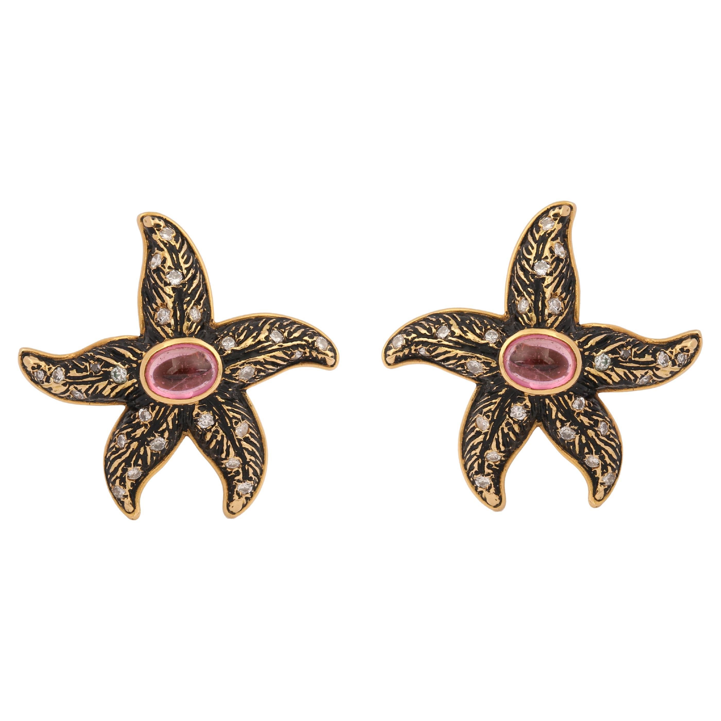 Vintage Tourmaline Diamonds Enamelled 18 Carat Yellow Gold Starfish Earrings