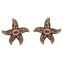 Vintage Tourmaline Diamonds Enamelled 18 Carat Yellow Gold Starfish Earrings