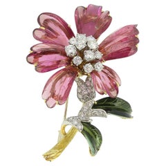 Vintage Tourmaline Emerald and Diamond Flower Brooch