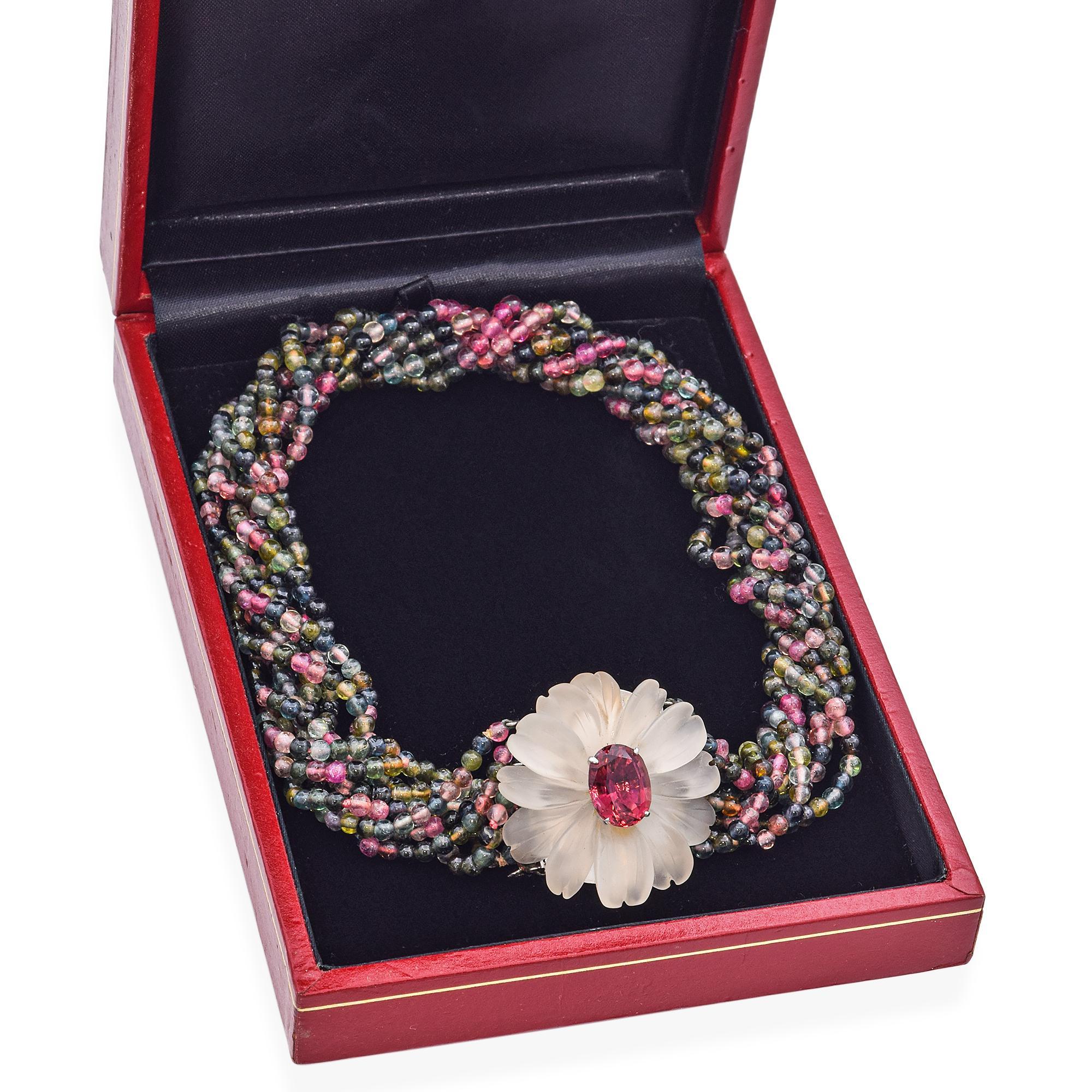 Vintage Turmalin & Frosted Quarz Floral Brosche Multi Rows Beaded Halskette (Ovalschliff) im Angebot