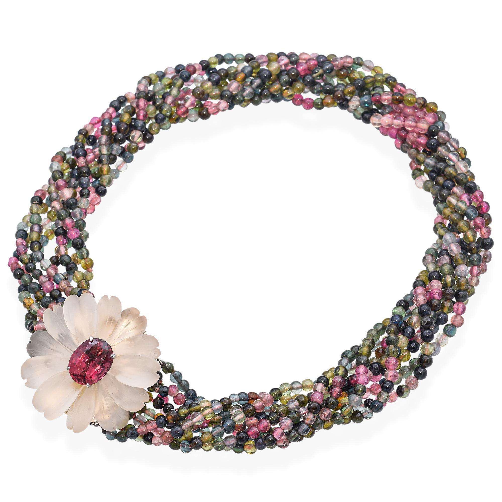 Vintage Turmalin & Frosted Quarz Floral Brosche Multi Rows Beaded Halskette im Zustand „Gut“ im Angebot in New York, NY