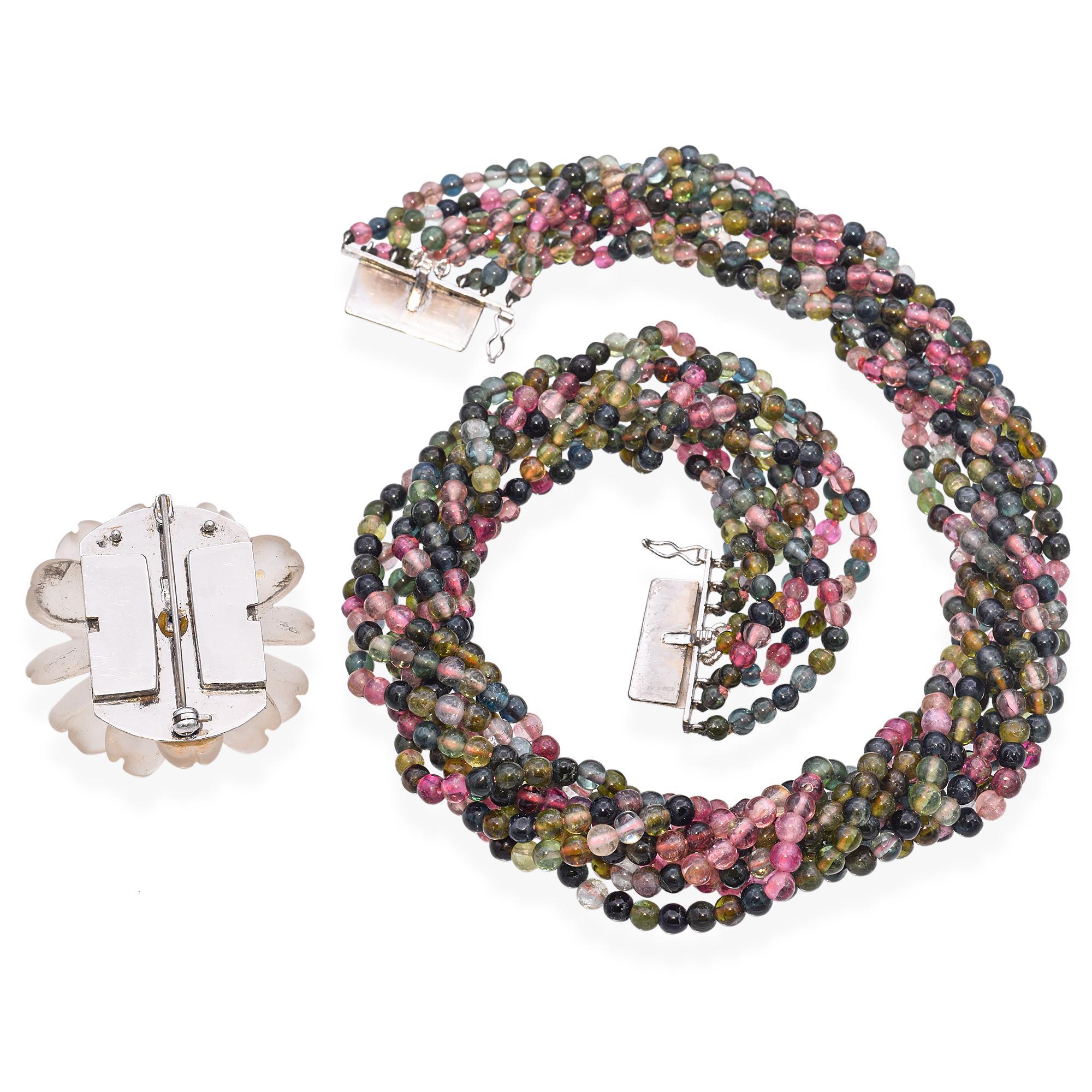 Vintage Turmalin & Frosted Quarz Floral Brosche Multi Rows Beaded Halskette Damen im Angebot