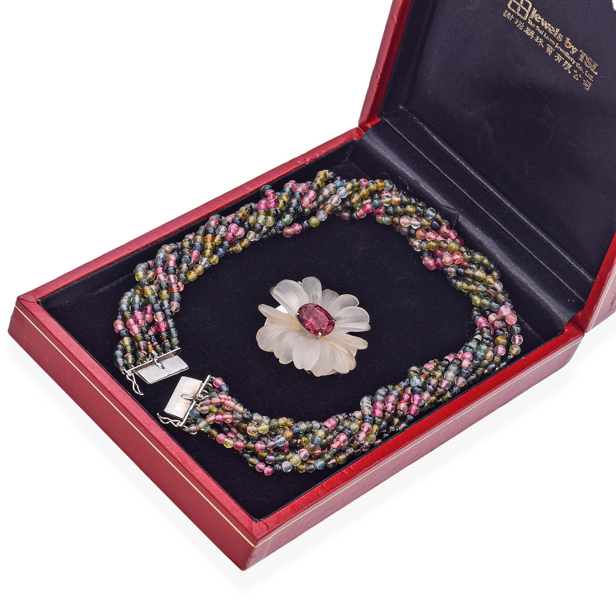 Vintage Turmalin & Frosted Quarz Floral Brosche Multi Rows Beaded Halskette im Angebot 1
