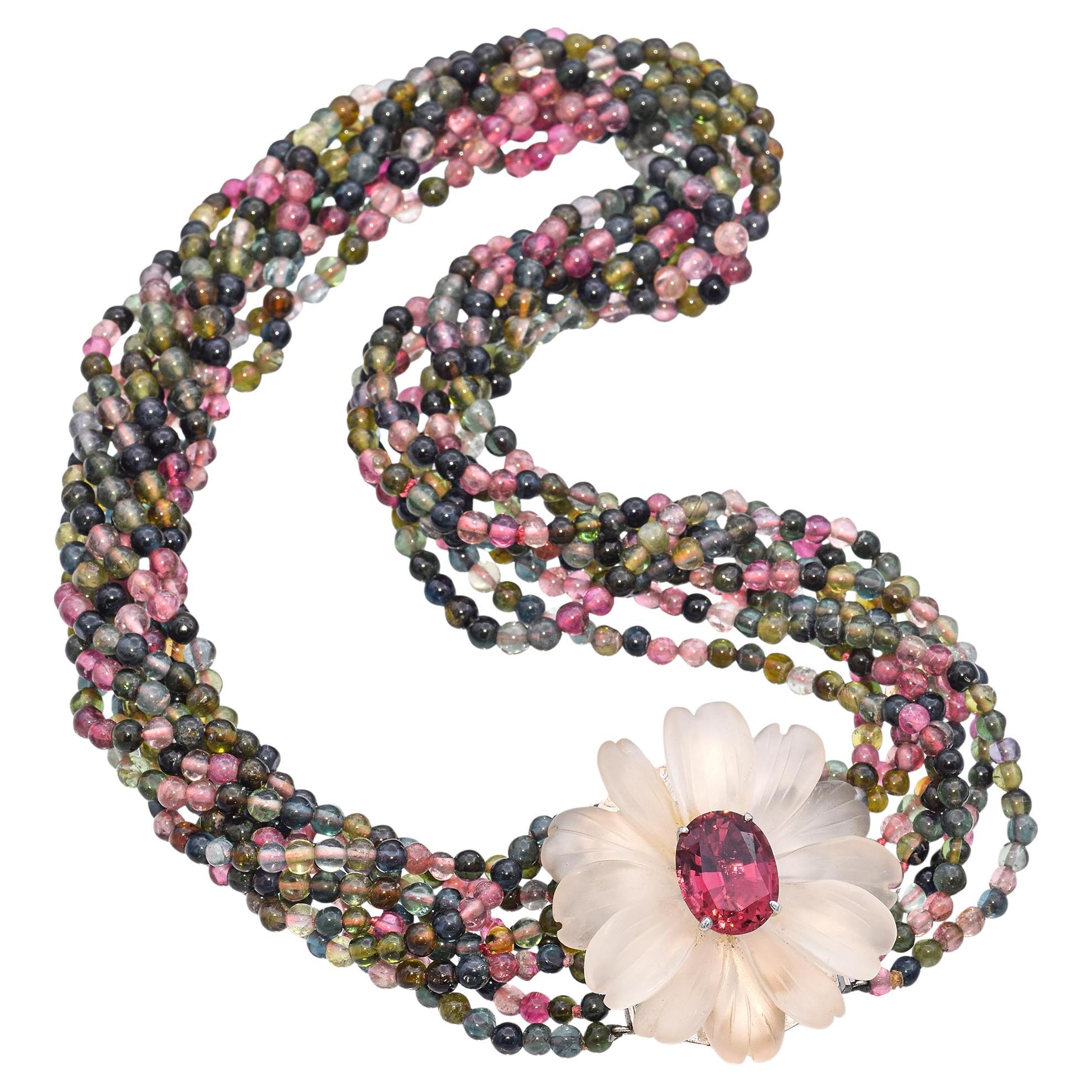 Vintage Turmalin & Frosted Quarz Floral Brosche Multi Rows Beaded Halskette im Angebot