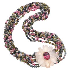 Vintage Tourmaline & Frosted Quartz Floral Brooch Multi Rows Beaded Necklace
