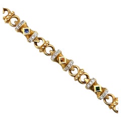 Vintage Tourmaline Iolite Citrine Diamond 14k Yellow Gold Link Bracelet 1980s