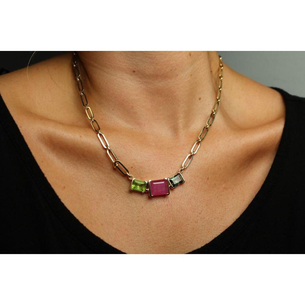 Vintage Tourmaline Paperclip Link Necklace 18K Yellow Gold 18.75