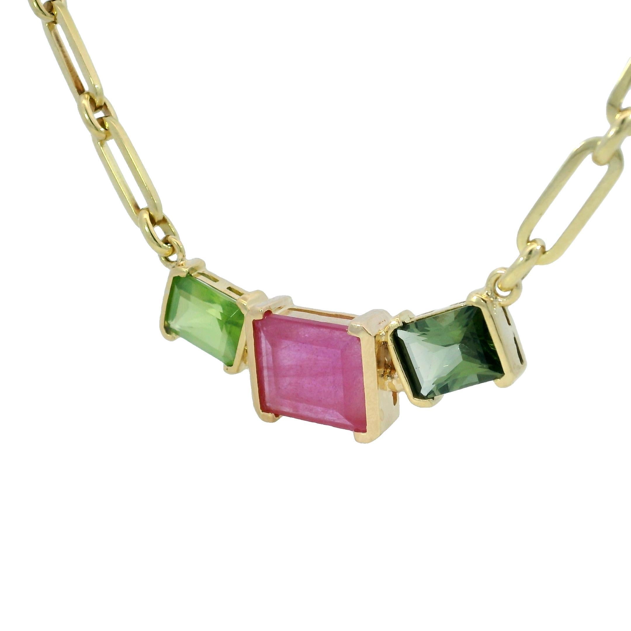 Vintage Tourmaline Paperclip Link Necklace 18K Yellow Gold 18.75