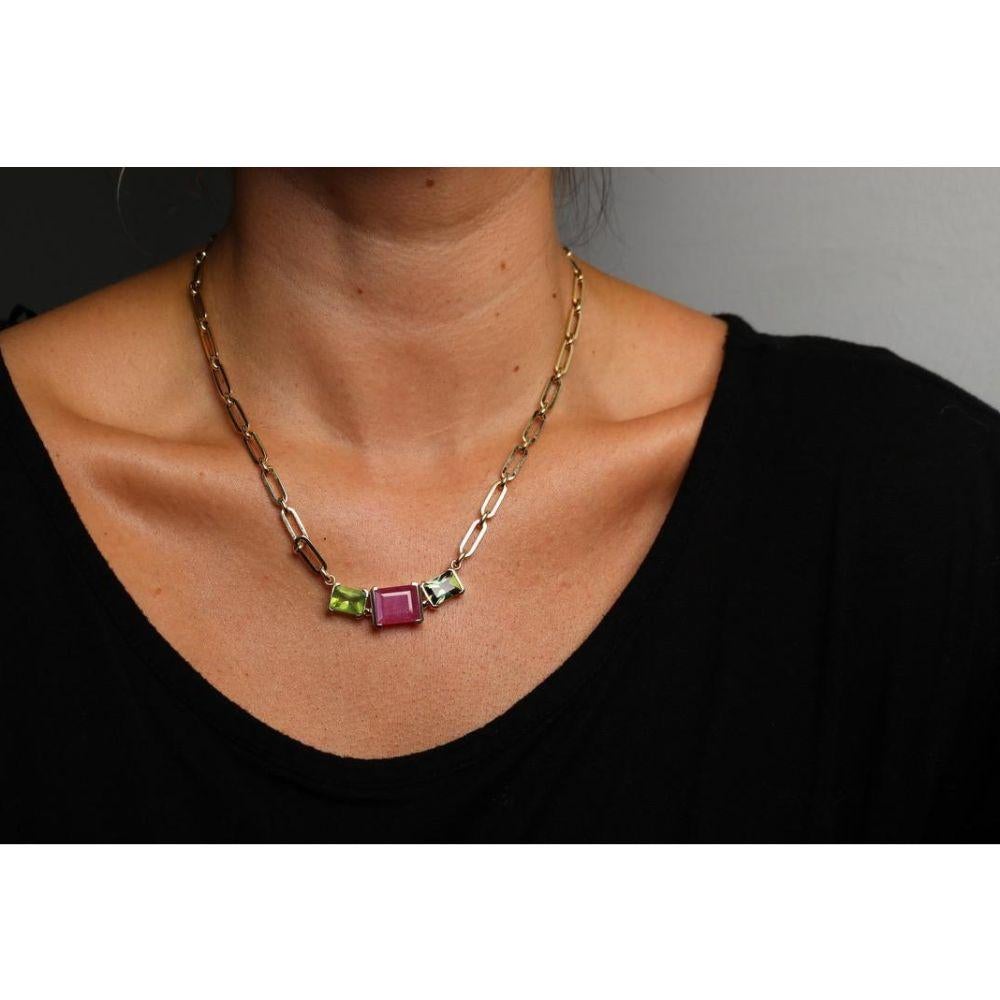 Modern Vintage Tourmaline Paperclip Link Necklace 18K Yellow Gold 18.75