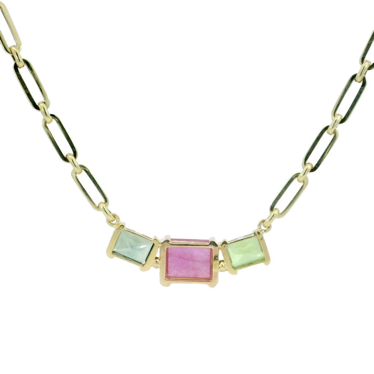 Emerald Cut Vintage Tourmaline Paperclip Link Necklace 18K Yellow Gold 18.75