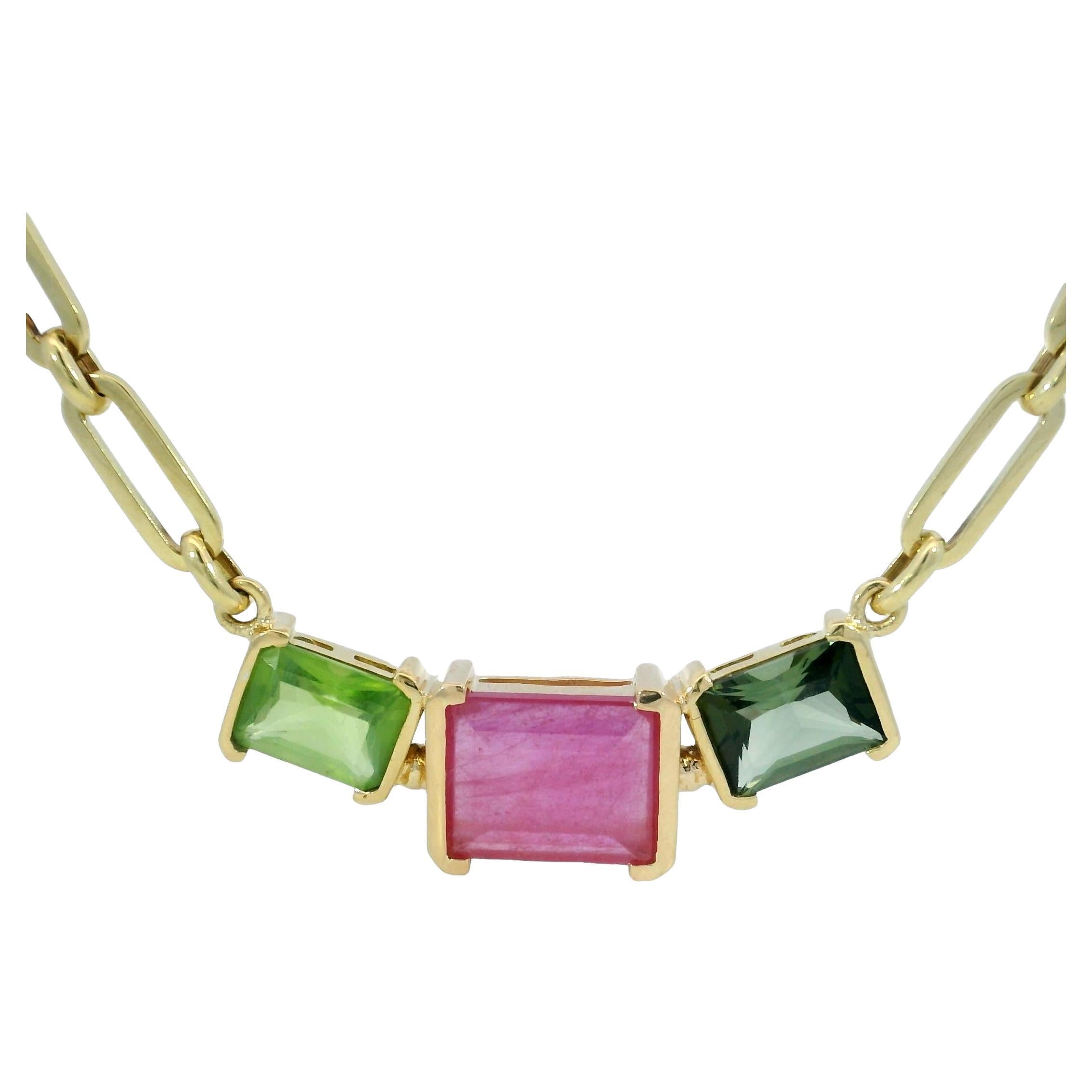 Vintage Tourmaline Paperclip Link Necklace 18K Yellow Gold 18.75" Length For Sale
